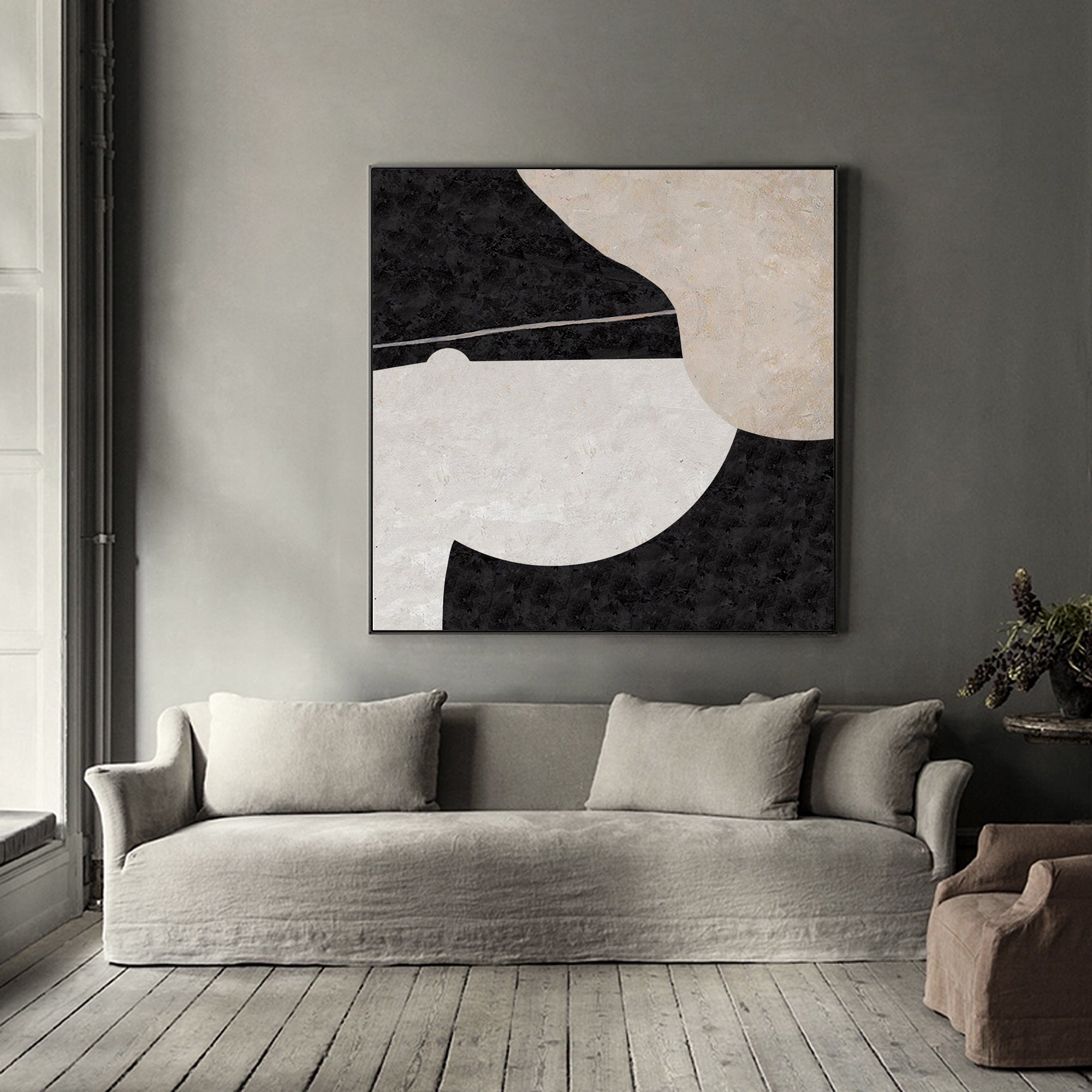 Black‑Beige Square Minimalist Geometric Shape Textured Artwork