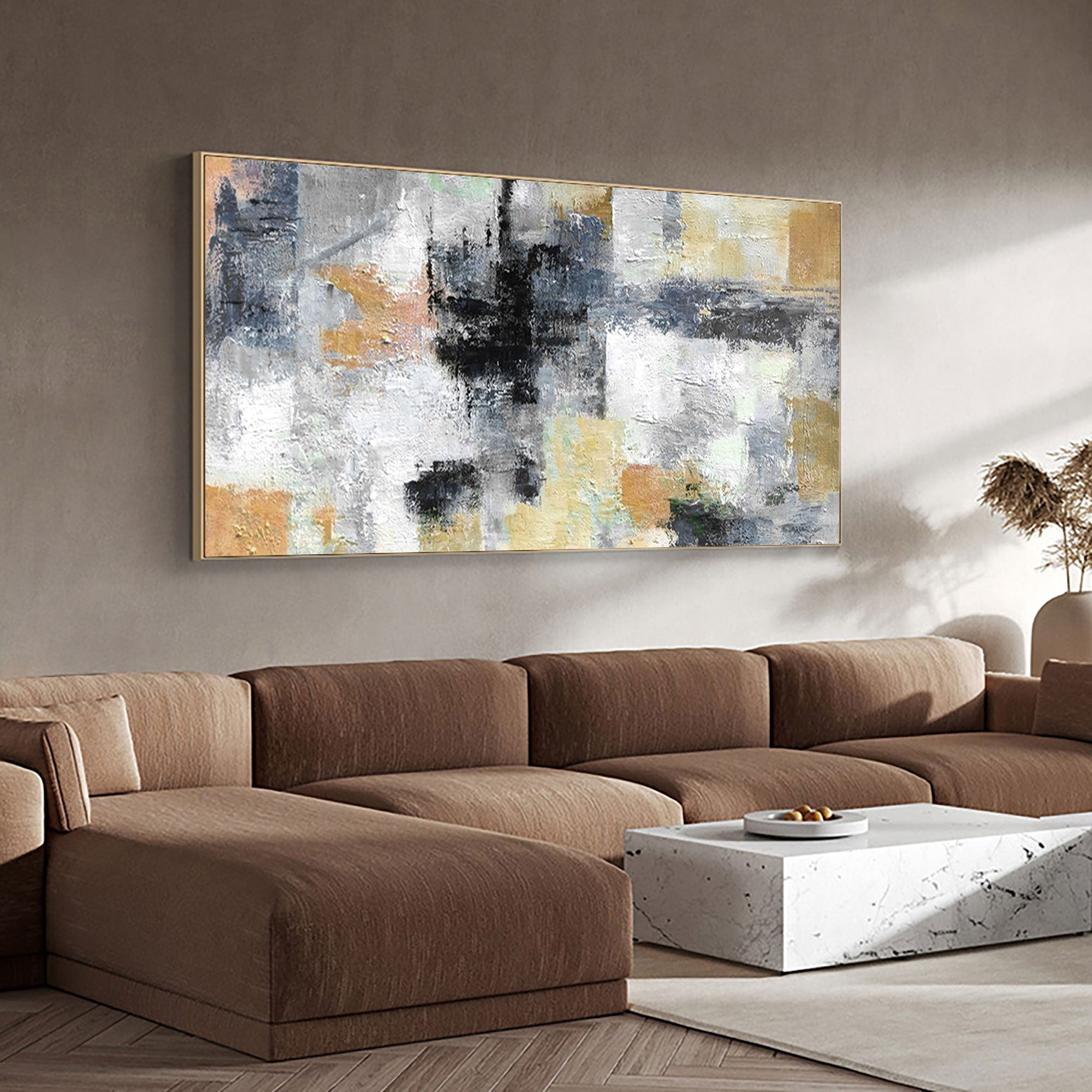 Abstract Black Gray Gold Textured Geometric Oil Acrylic Linen Canvas Painting