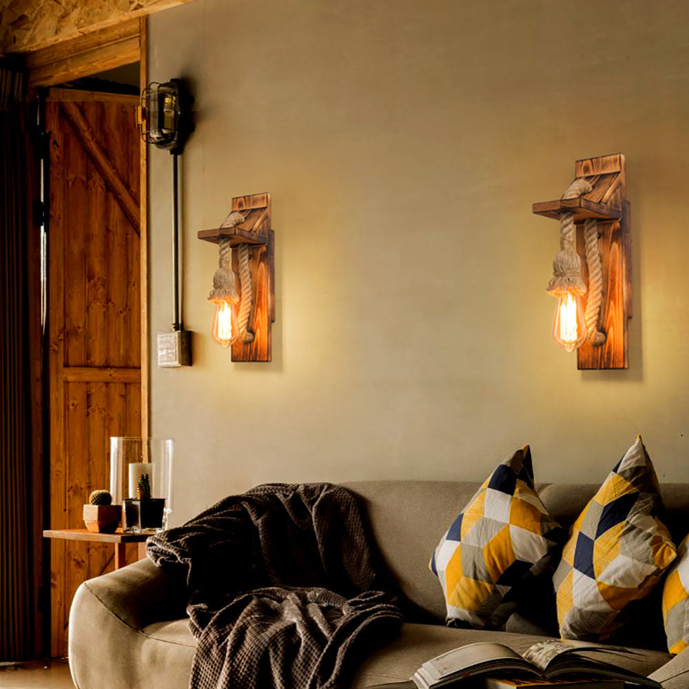 Epoch Vintage Rectangular LED Wall Light, Wood/Hemp Rope, Dining Room - Neutralighting