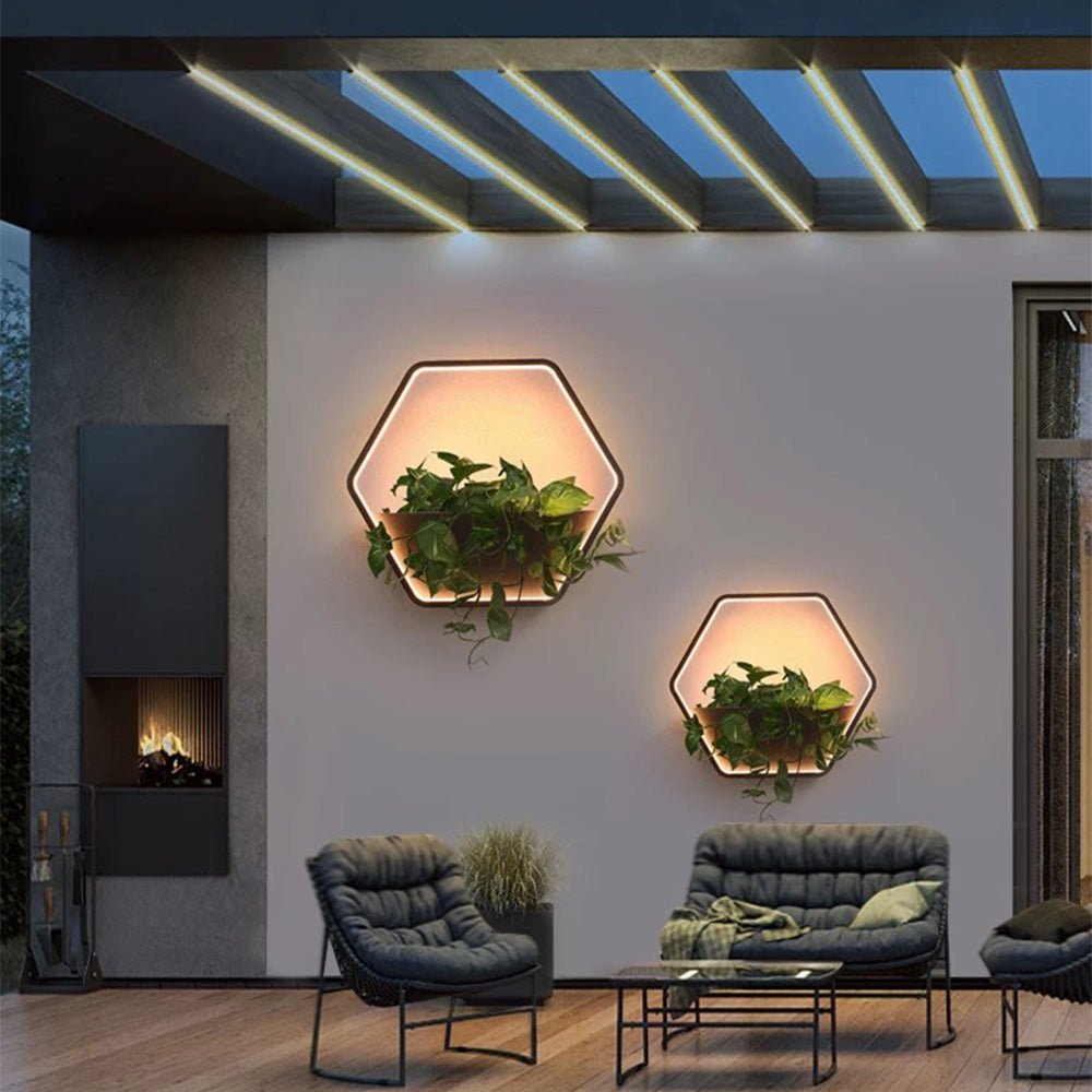 Ray Minimalist Hexagonal Ring With Shelf Metal Outdoor Wall Lamp, Black - Neutralighting
