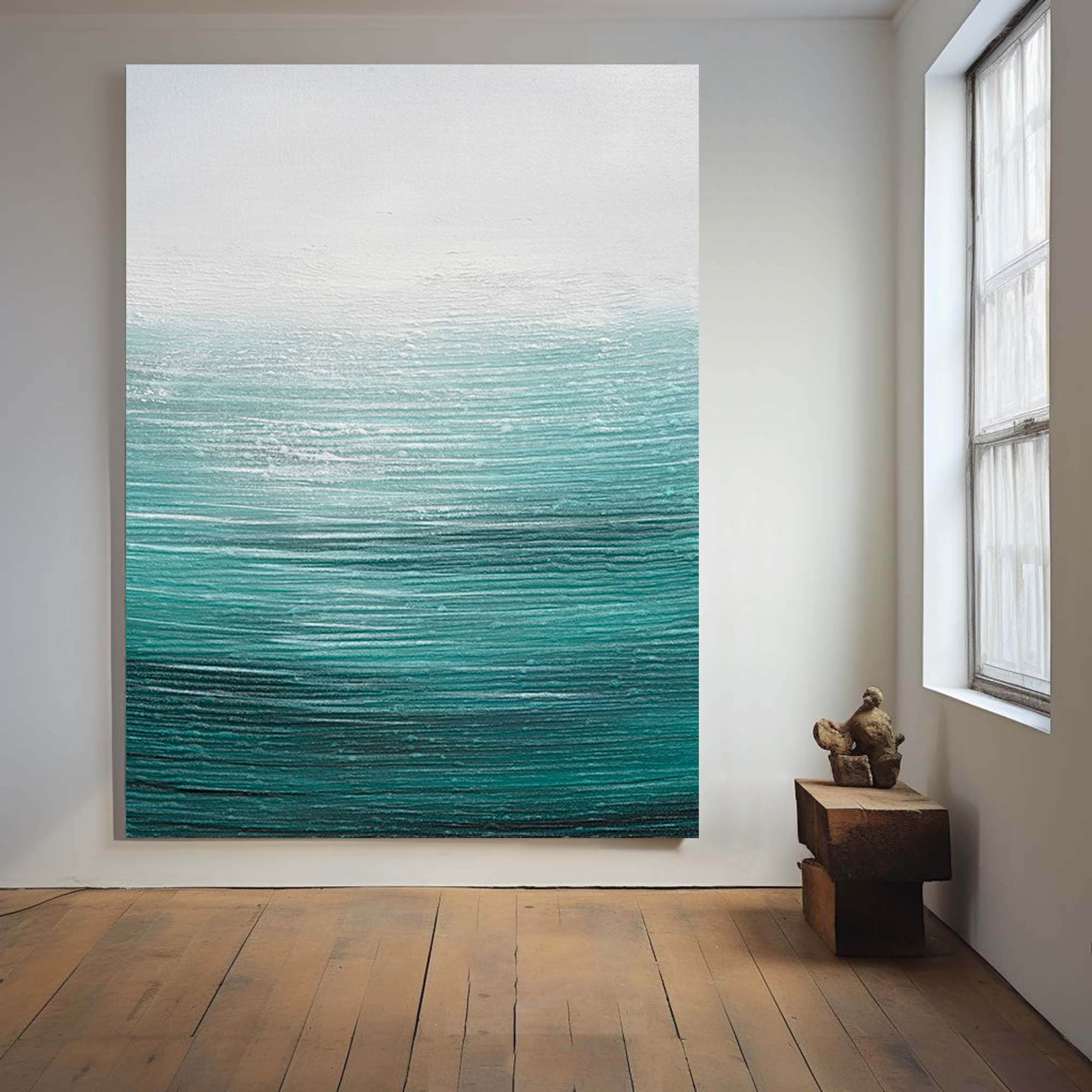 bstract Teal Gradient Seascape Minimalist Oil Acrylic Linen Canvas Painting