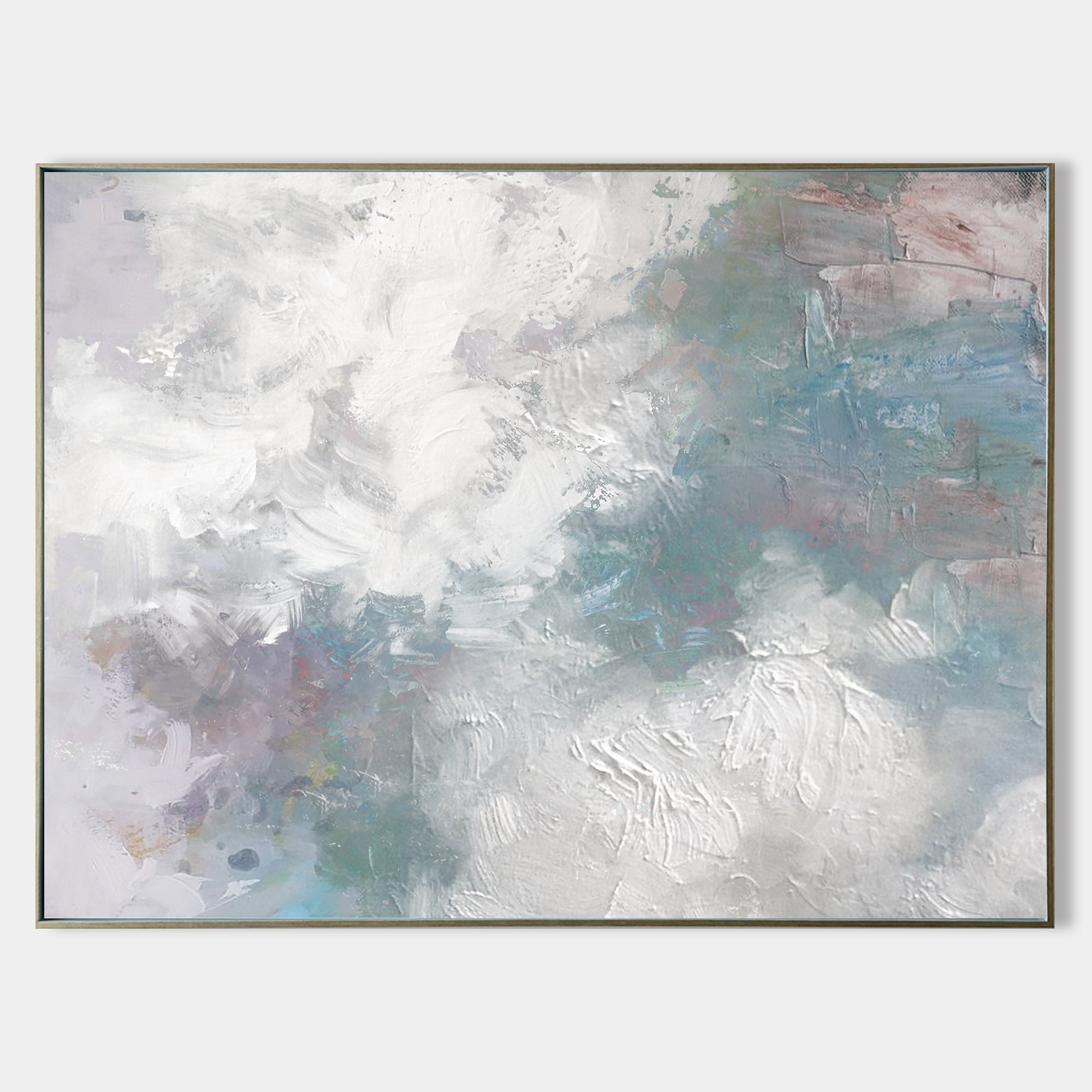 White‑Blue‑Mauve Horizontal Ocean‑Wave Impasto‑Textured Artwork