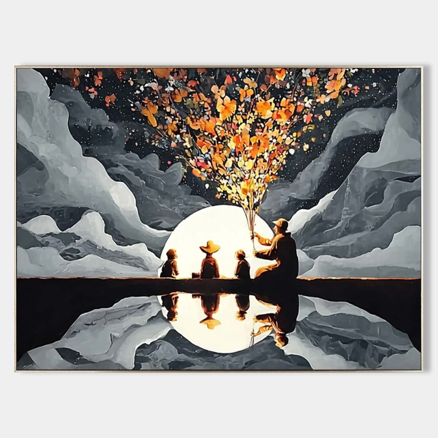 Family Silhouette Moon Art Oil Painting