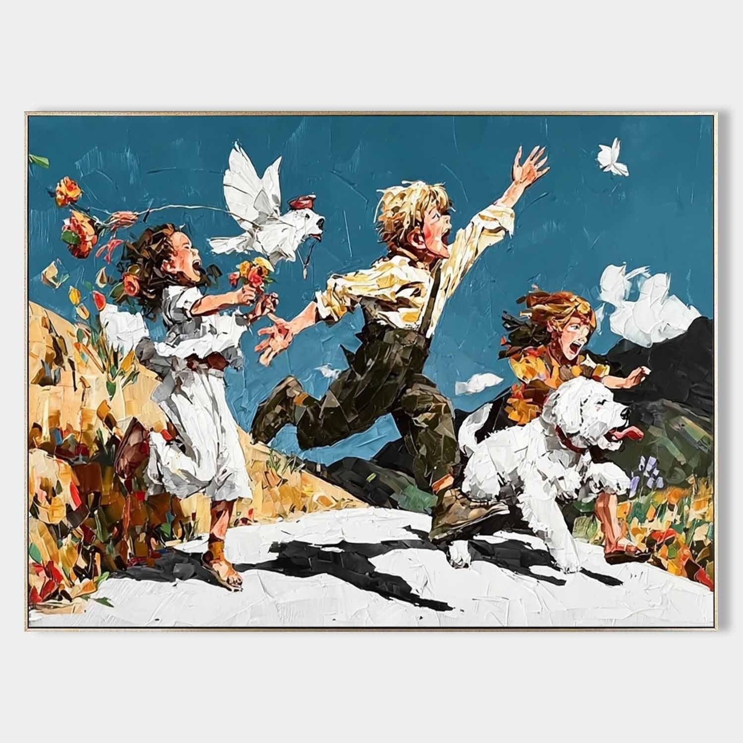 Joyful Children Running Impasto Painting
