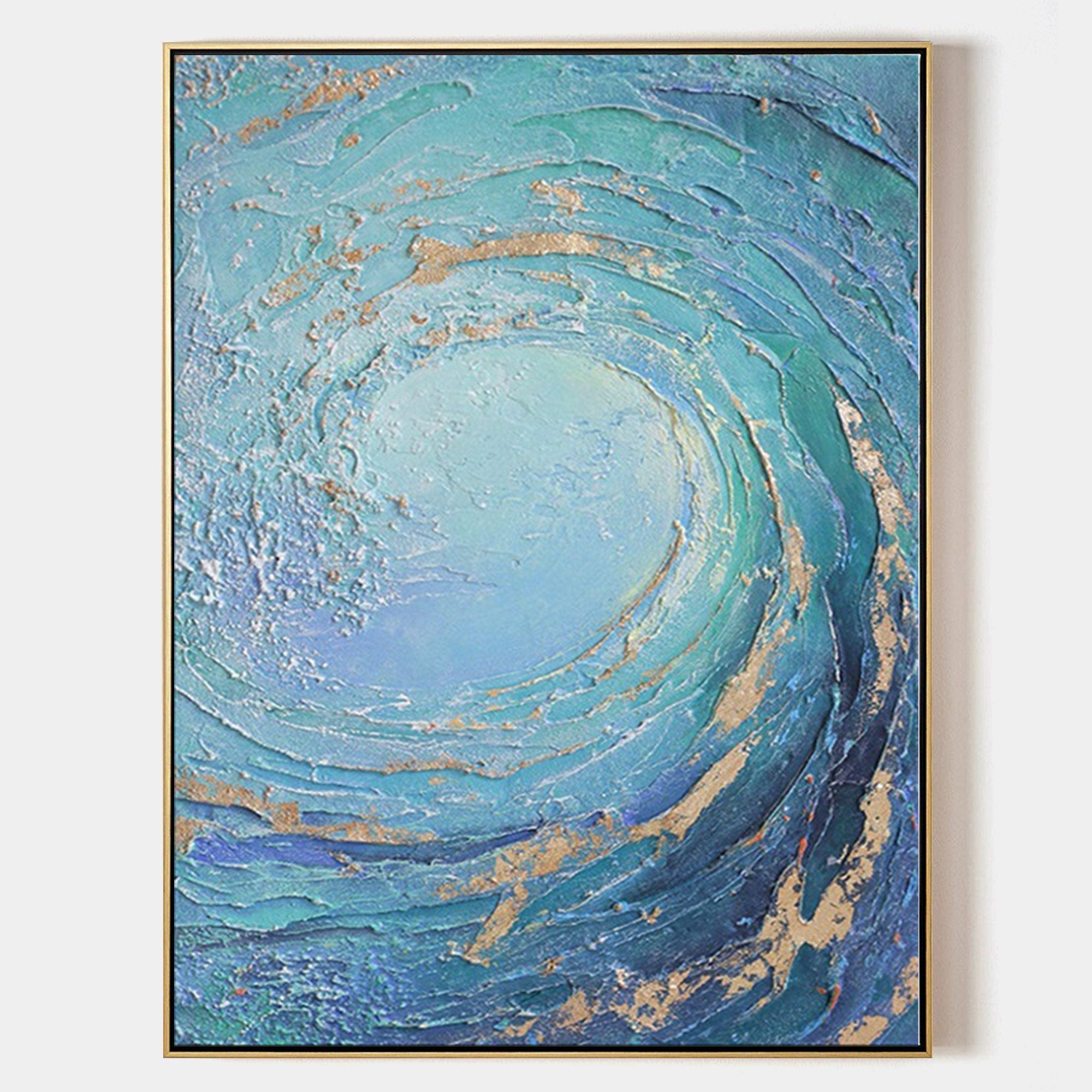 Ocean Wave Blue Gold Abstract Canvas Wall Art