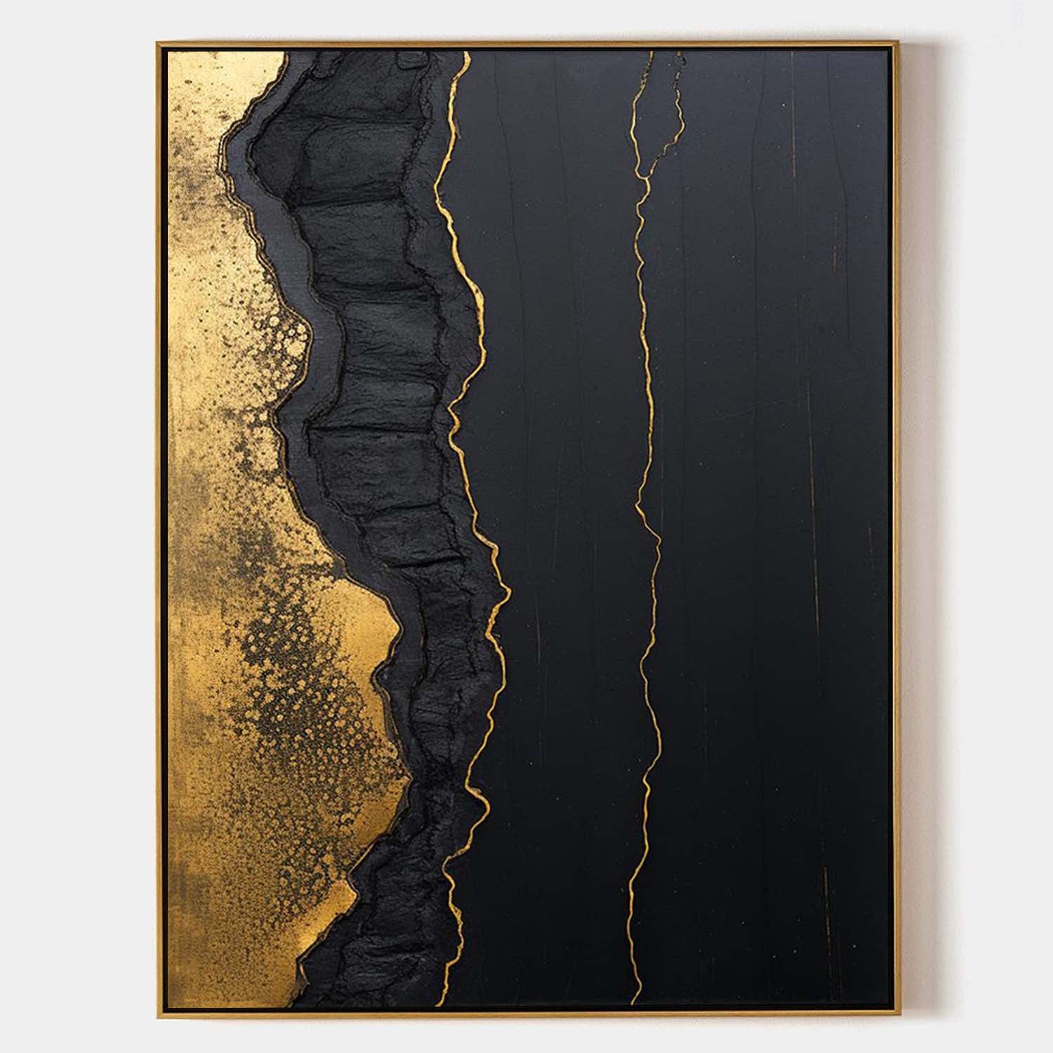 Dark Black‑Gold Foil Abstract Heavy‑Rugged Raised Tactile Textured Artwork
