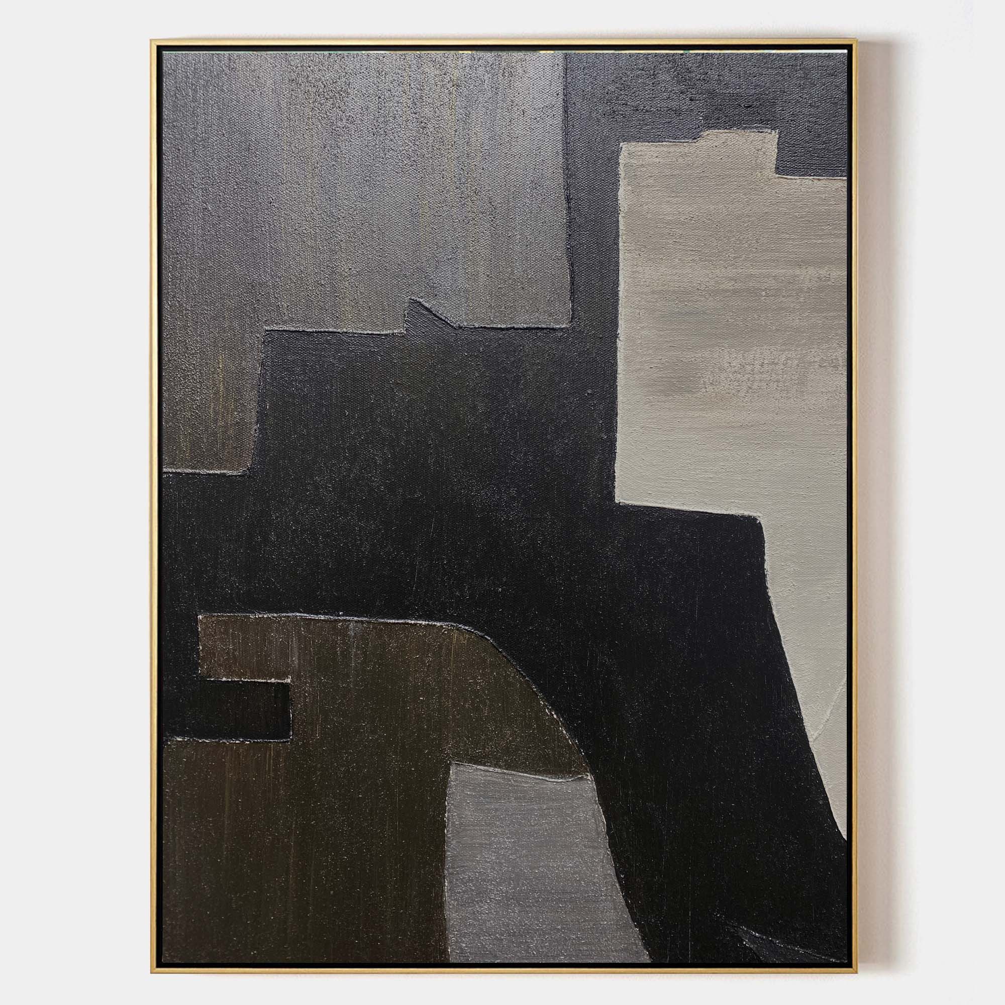 Black‑Grey‑Beige Vertical Geometric‑Block Impasto‑Textured Artwork