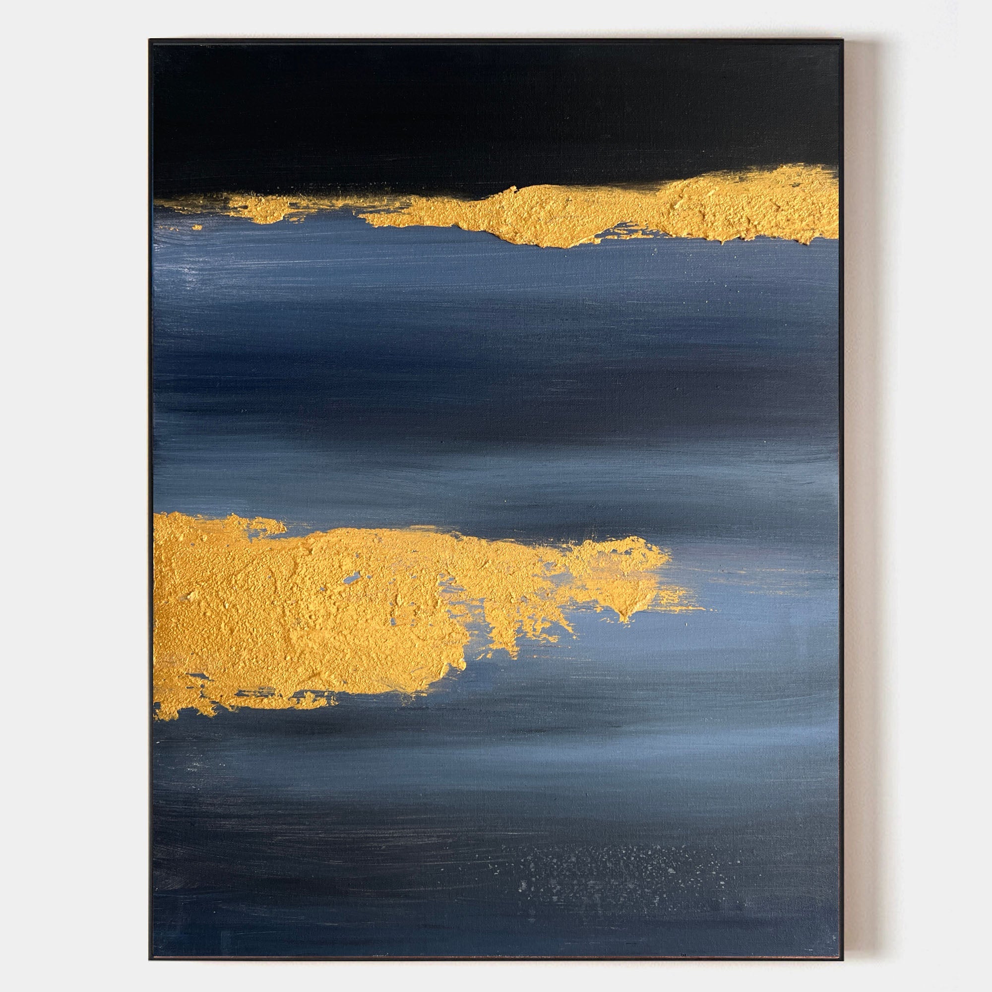 Metallic Gold Foil Deep Blue Abstract Linen Canvas Wall Hanging