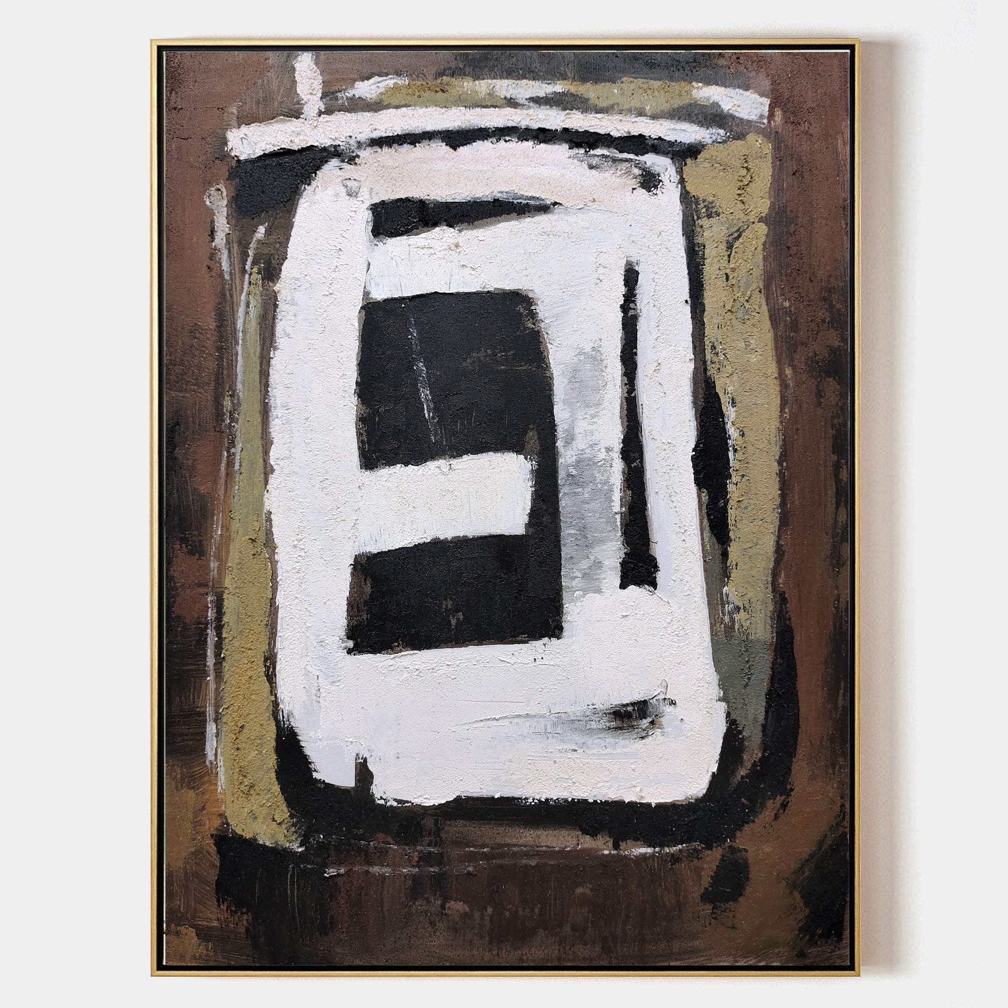 Abstract Black White Beige Geometric Oil Painting