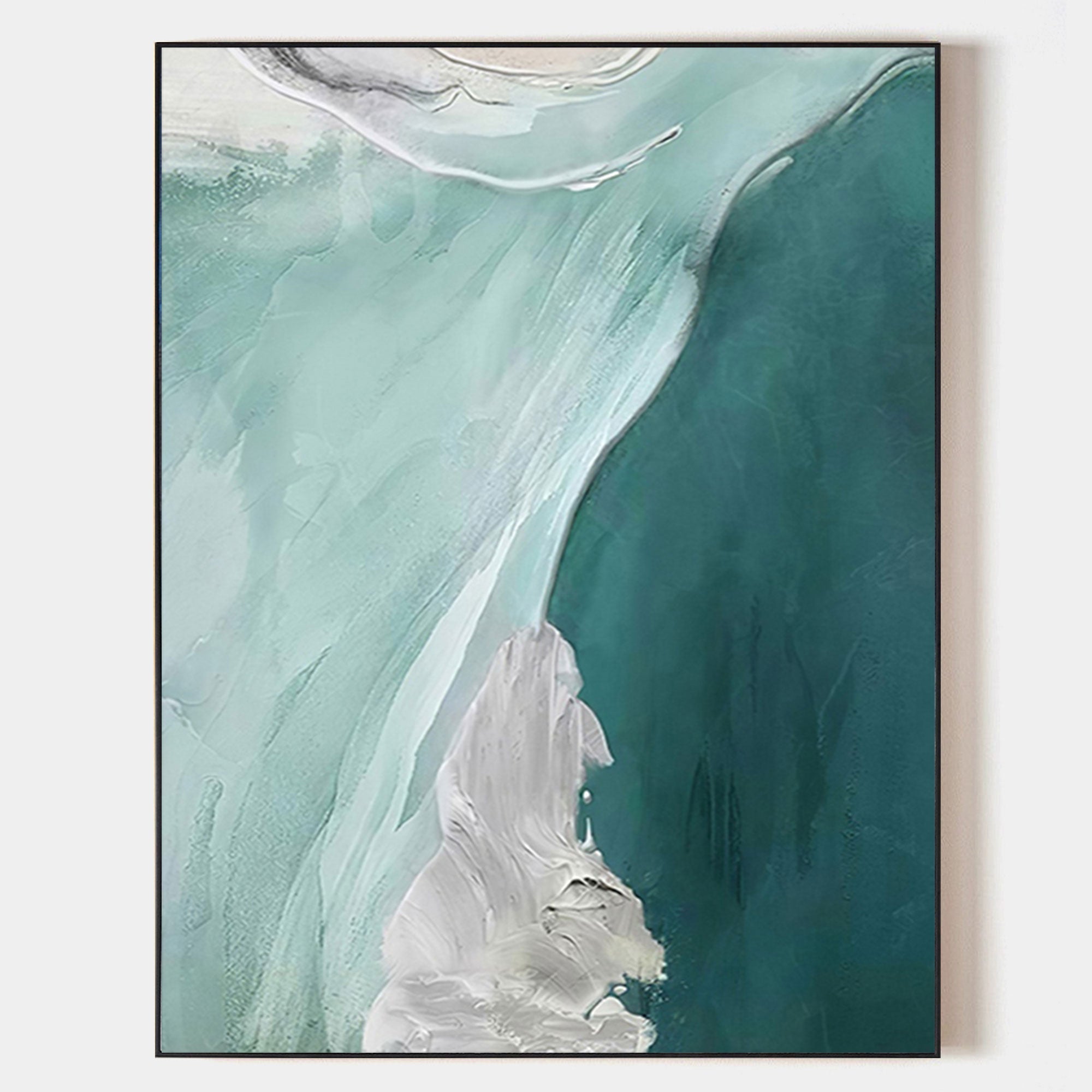 Abstract Teal White Fluid Coastal Waves Oil Acrylic Linen Canvas Painting