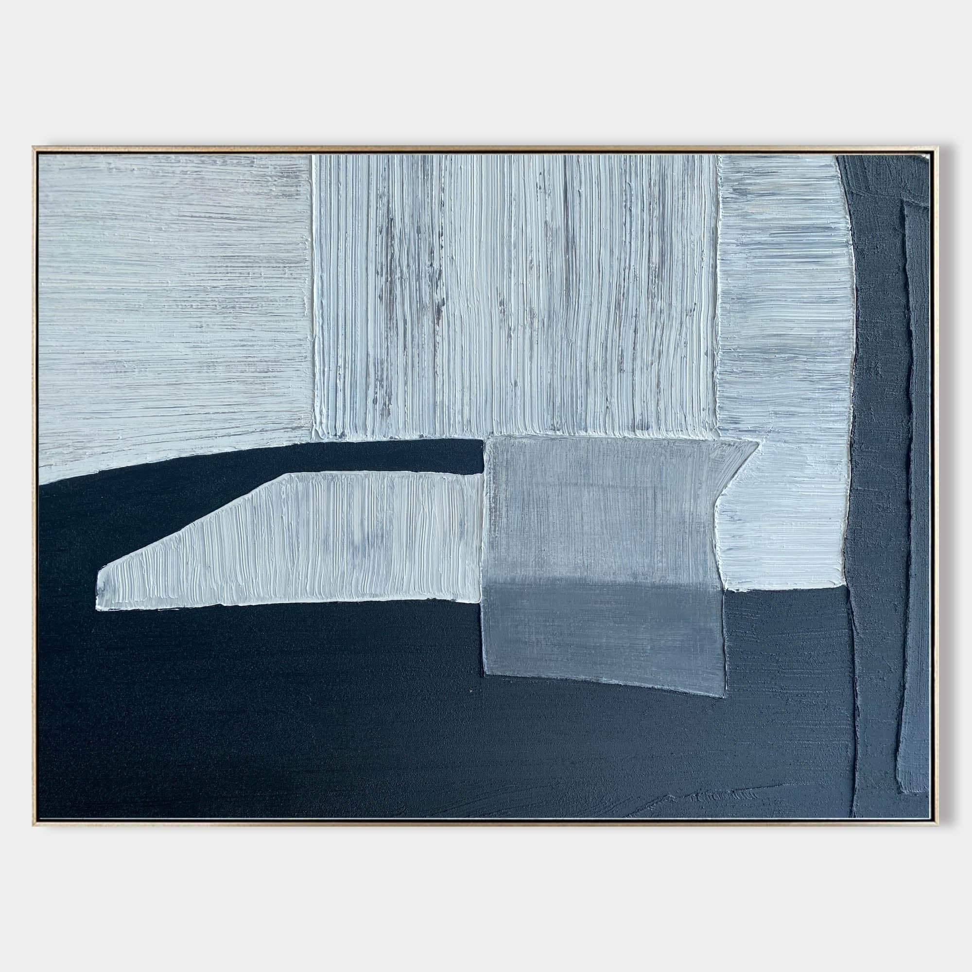 Navy‑Blue‑Grey Horizontal Block‑Shape Impasto‑Textured Artwork