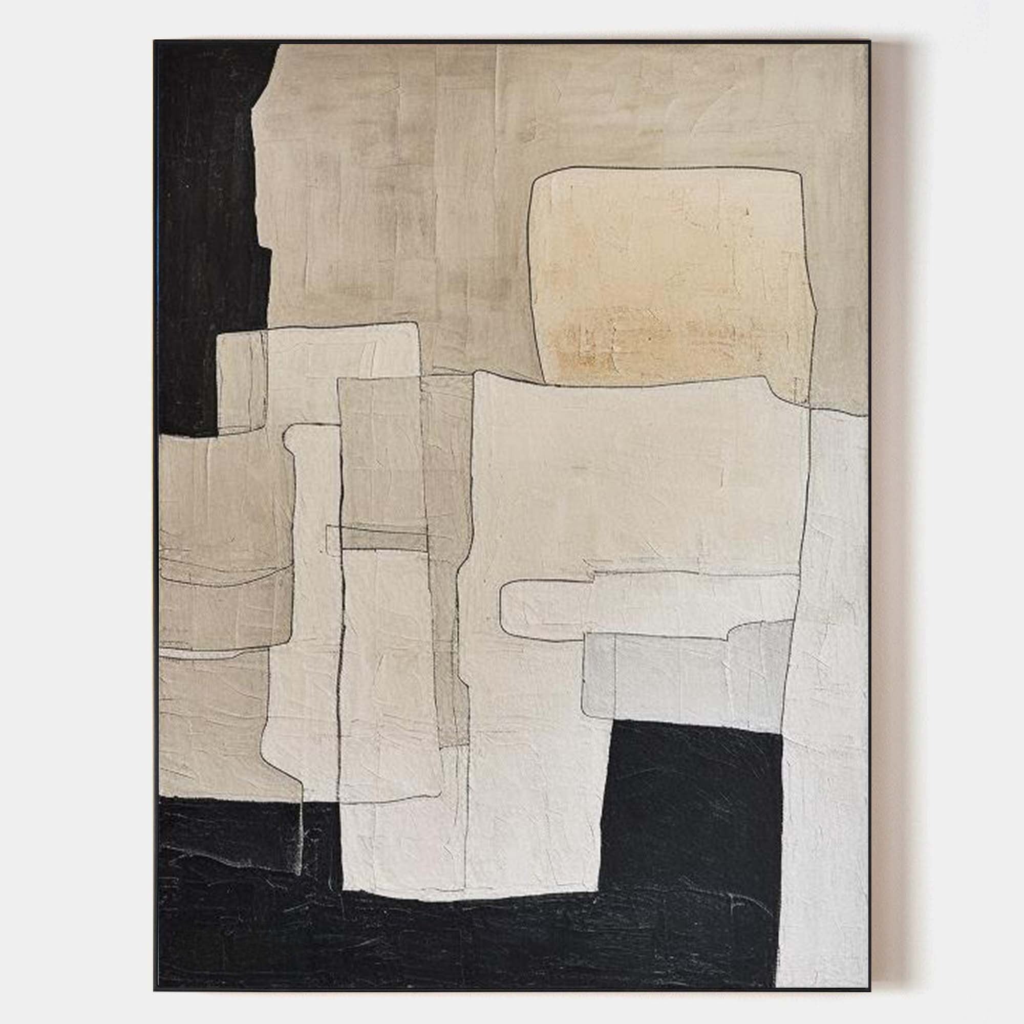 Neutral Black Beige Geometric Abstract Layered Wall Art