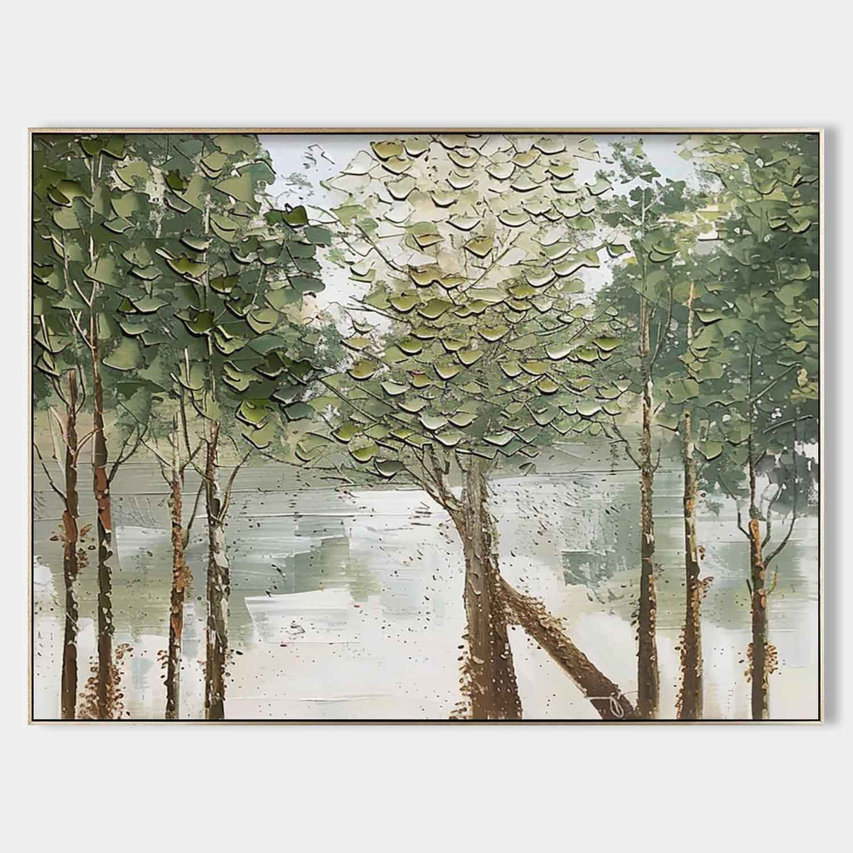 Canvas 3D Textured Lakeside Forest Landscape Painting