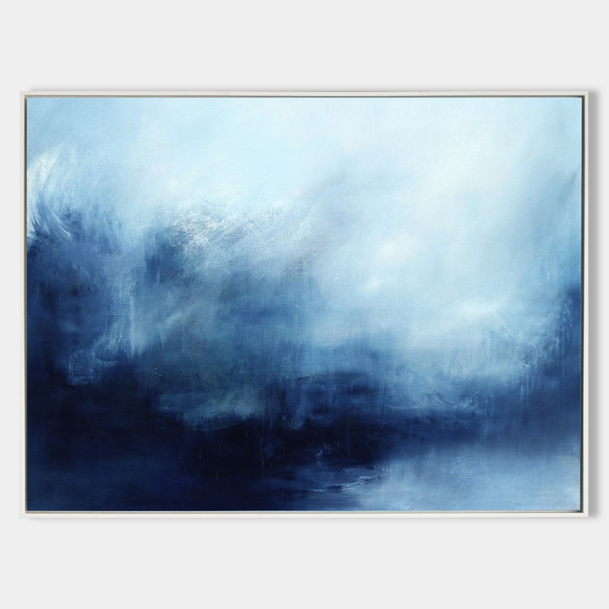 Navy‑Sky‑Blue Horizontal Storm‑Ocean Abstract Seascape Textured Artwork
