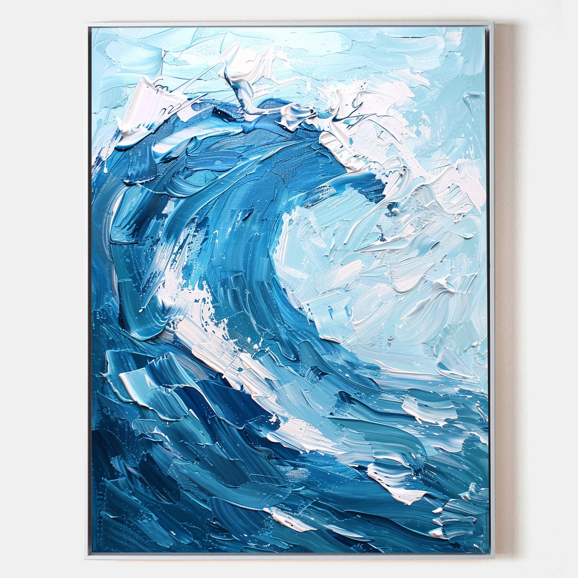 Crashing Ocean Surf Abstract Blue‑Tone Heavy Impasto Raised‑Texture Artwork