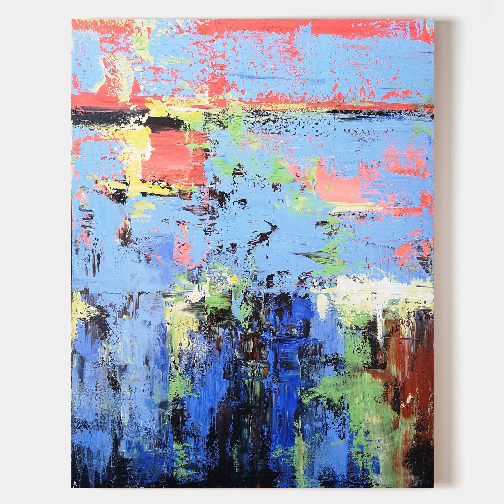 Blue‑Red‑Green Vertical Seascape Abstract Impasto‑Textured Artwork