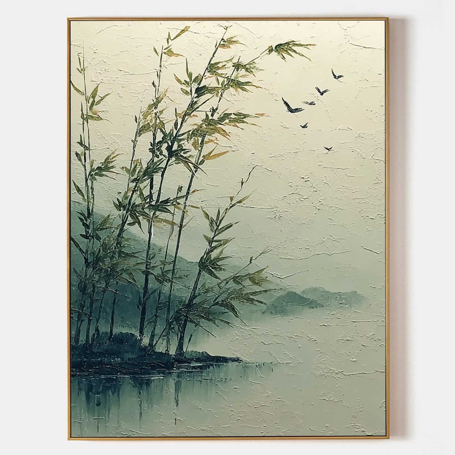 Misty Lakeside Bamboo 3D Impasto Painting