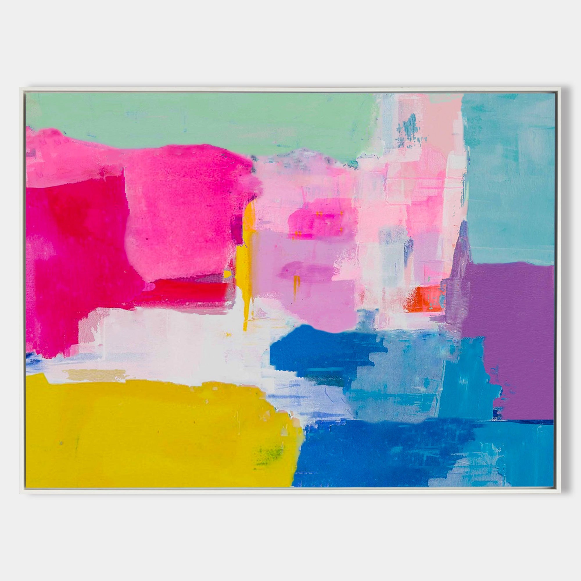 Hot‑Pink‑Yellow‑Purple‑Teal Horizontal Vibrant Geometric Abstract Textured Artwork