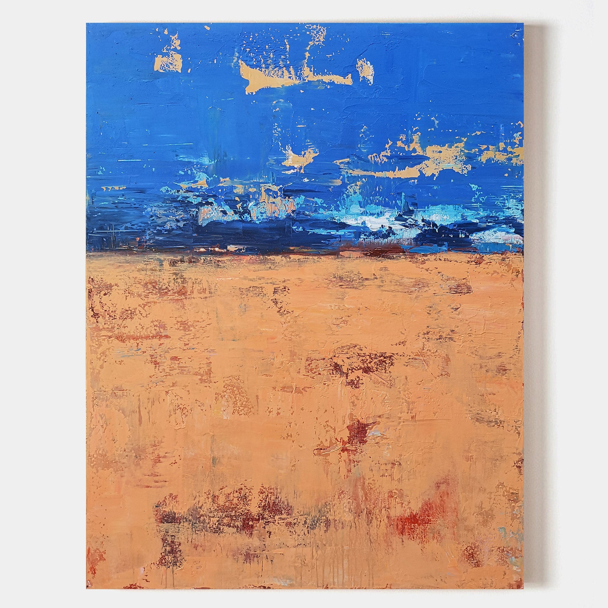 Blue‑Orange‑Gold Vertical Abstract Horizon Impasto‑Textured Artwork