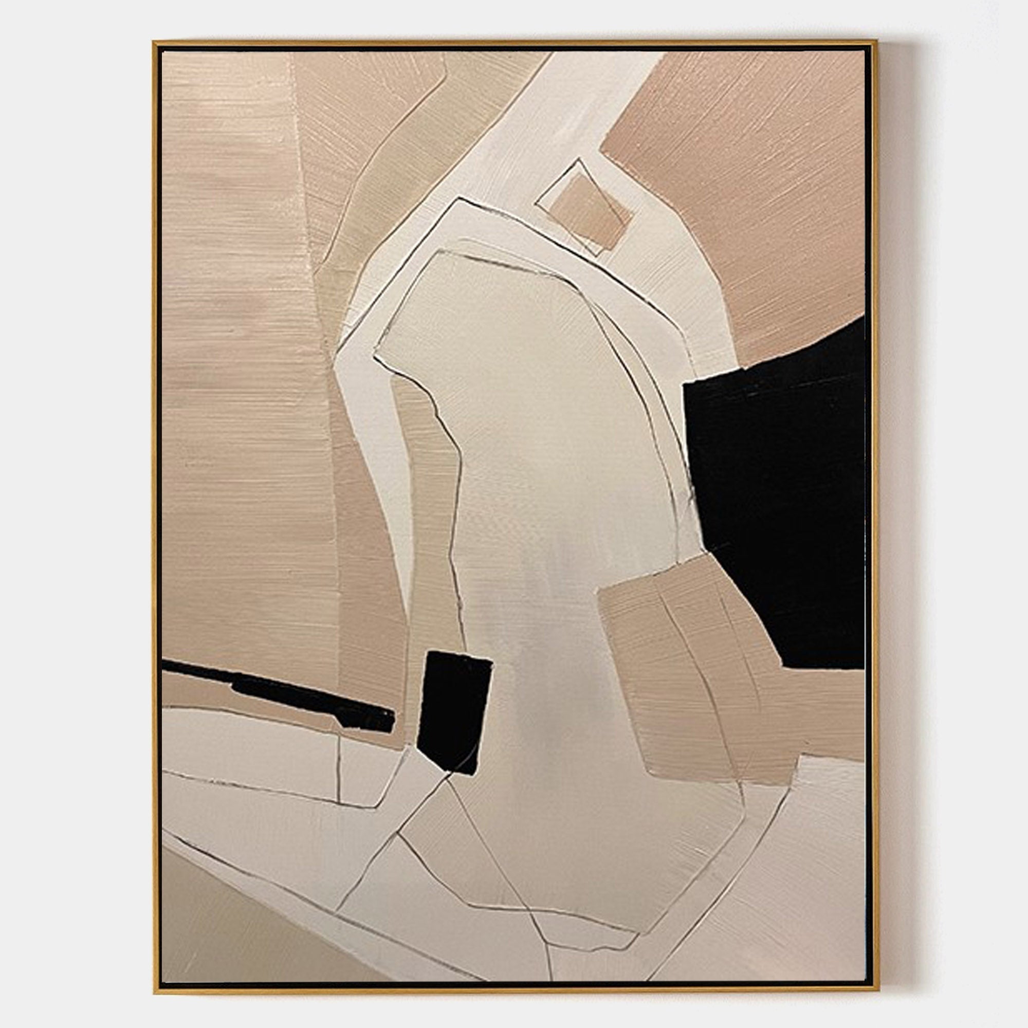 Beige‑Black‑Cream Vertical Geometric‑Splice Impasto‑Textured Artwork