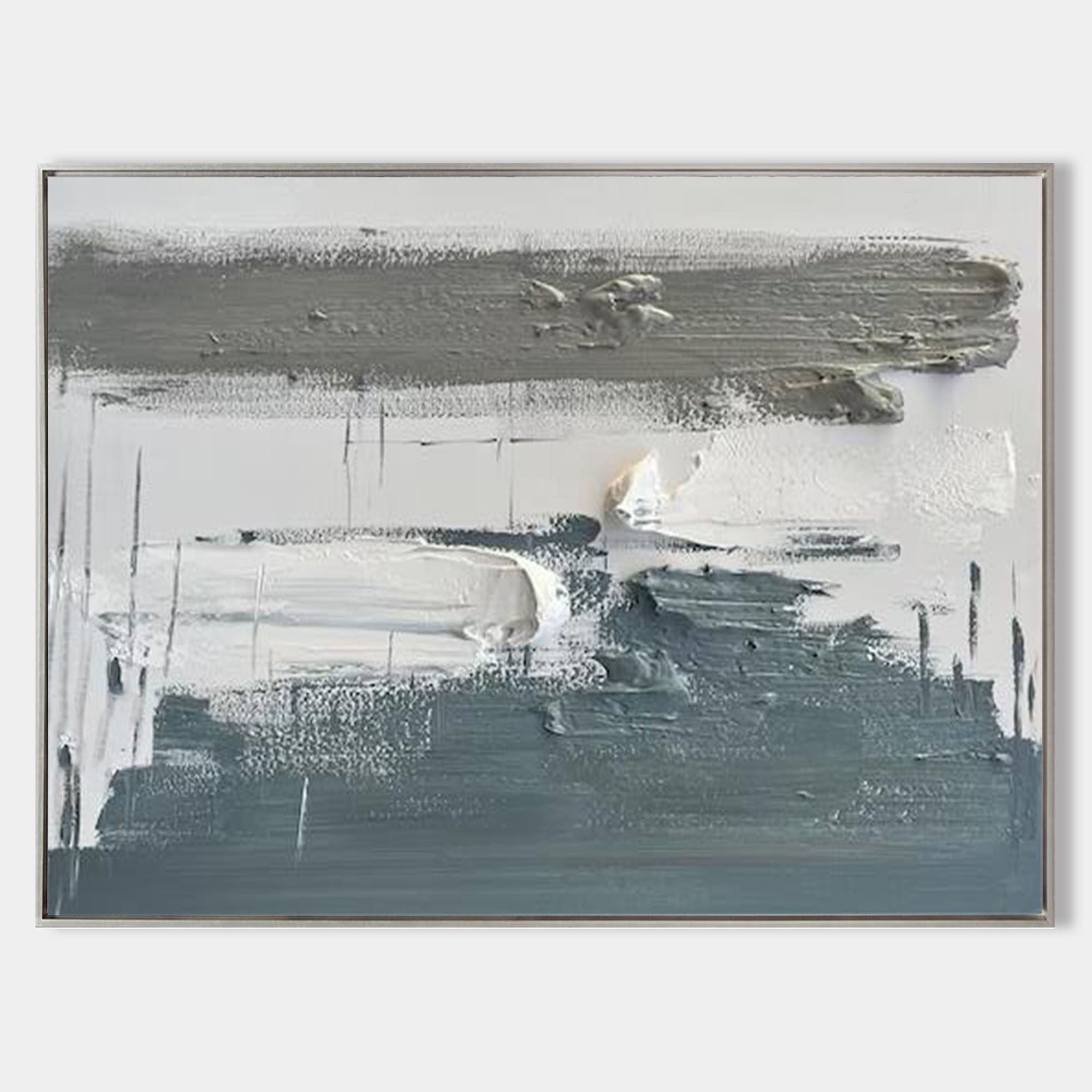 Slate‑Grey‑White Horizontal Layer‑Brush Impasto‑Textured Artwork