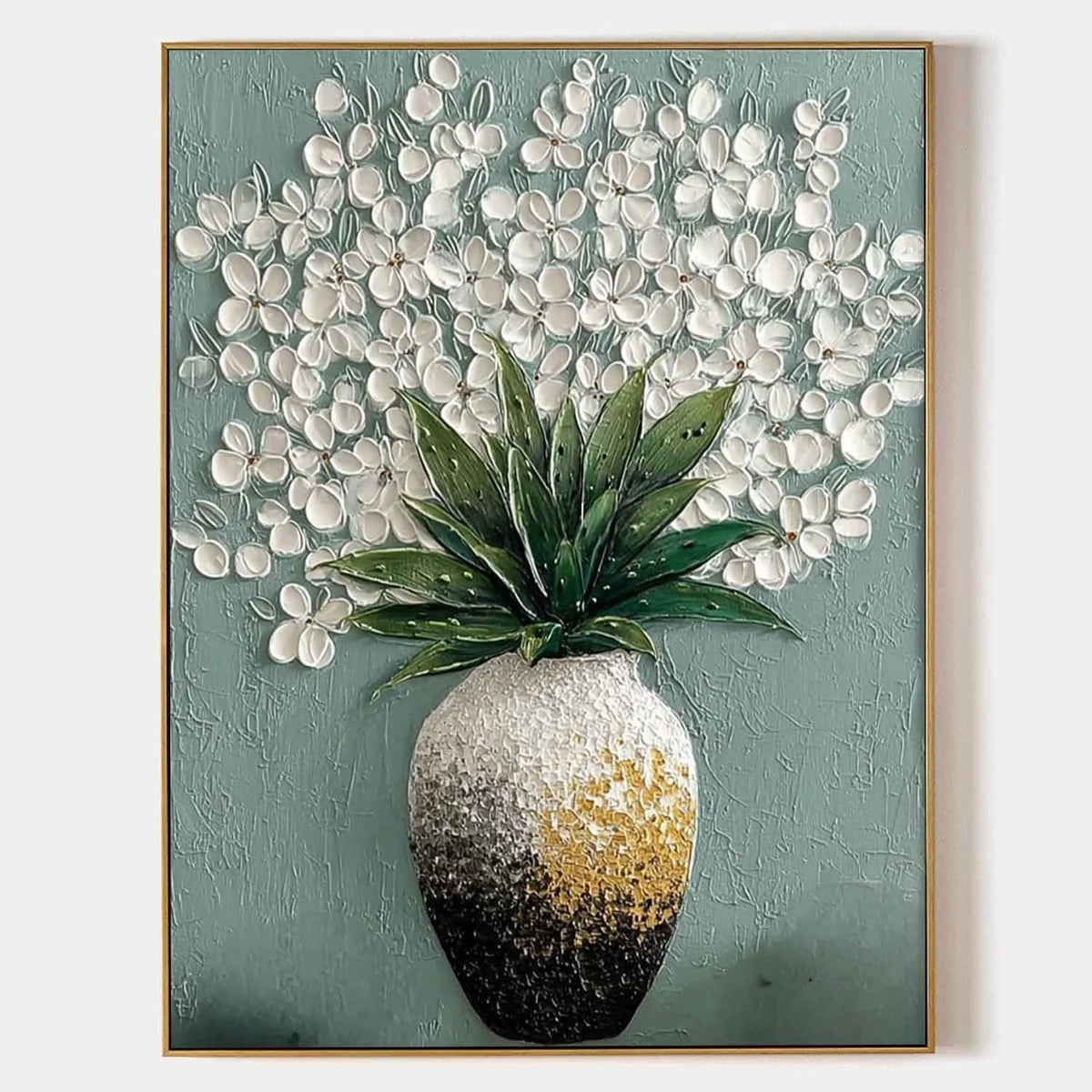 White Blossoms Ombre Vase Impasto Painting