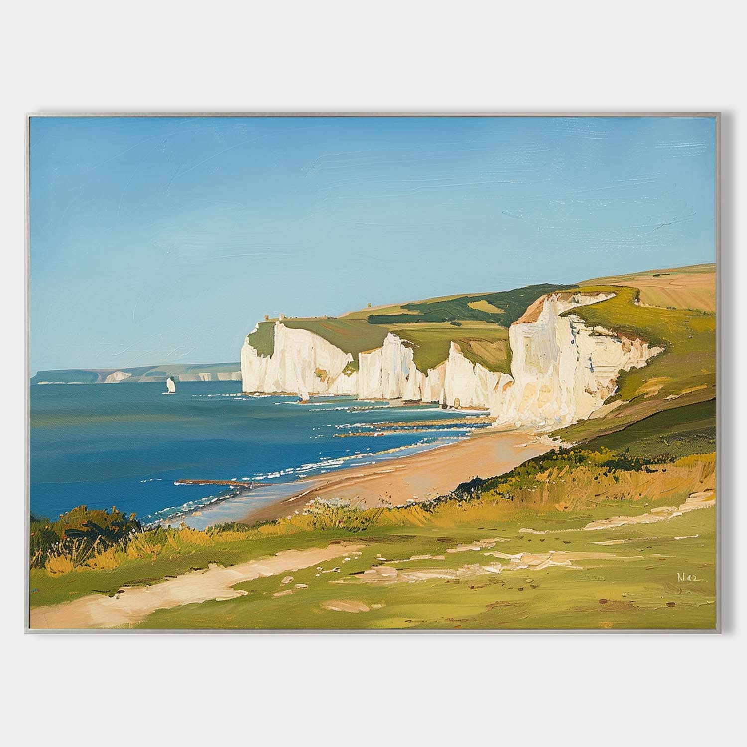 Seaside White Chalk Cliff Landscape Natural Scenery Brush‑Textured Artwork