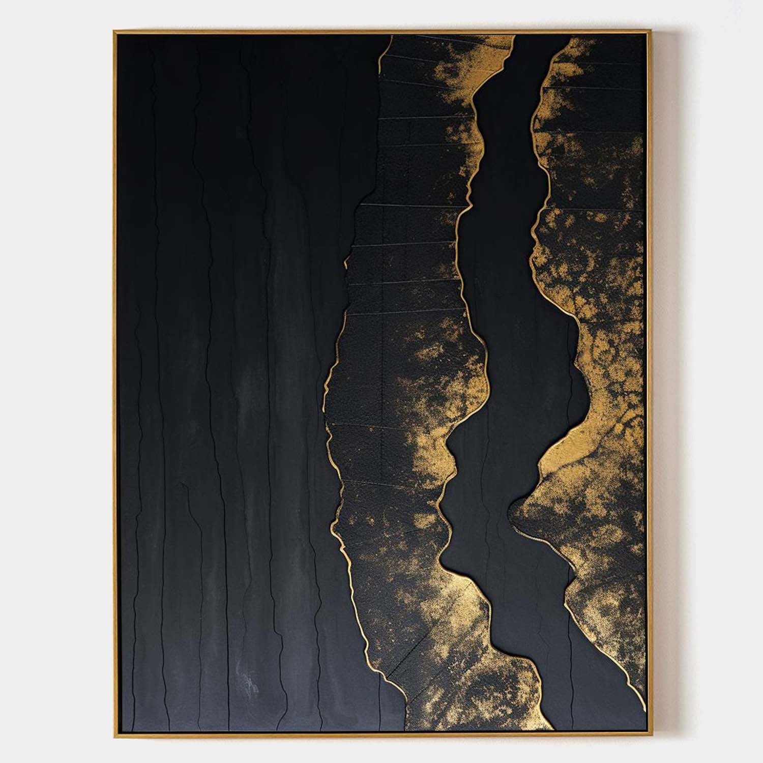 Elegant Black‑Gold Streak Abstract Metallic‑Foil Layered Impasto Textured Artwork