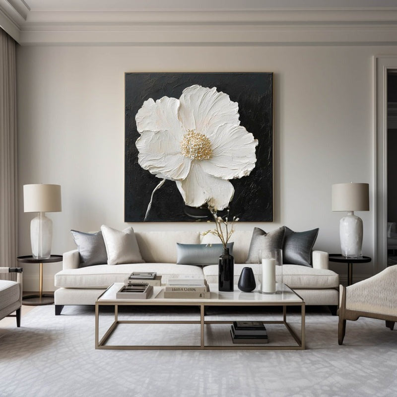 Wall Art White Flower Gold Textured Abstract Black Background Bedroom | Neutralighting