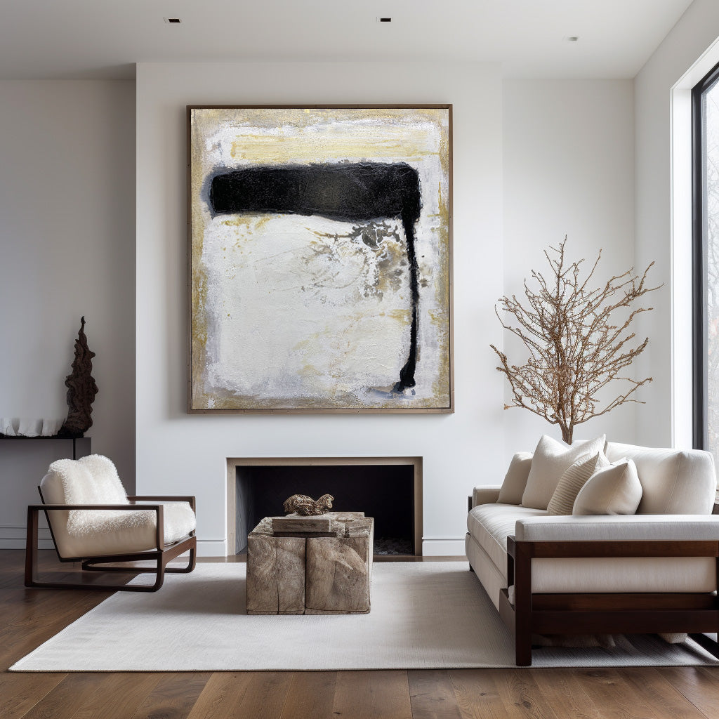 Abstract Black White Beige Textured Brush Stroke Painting
