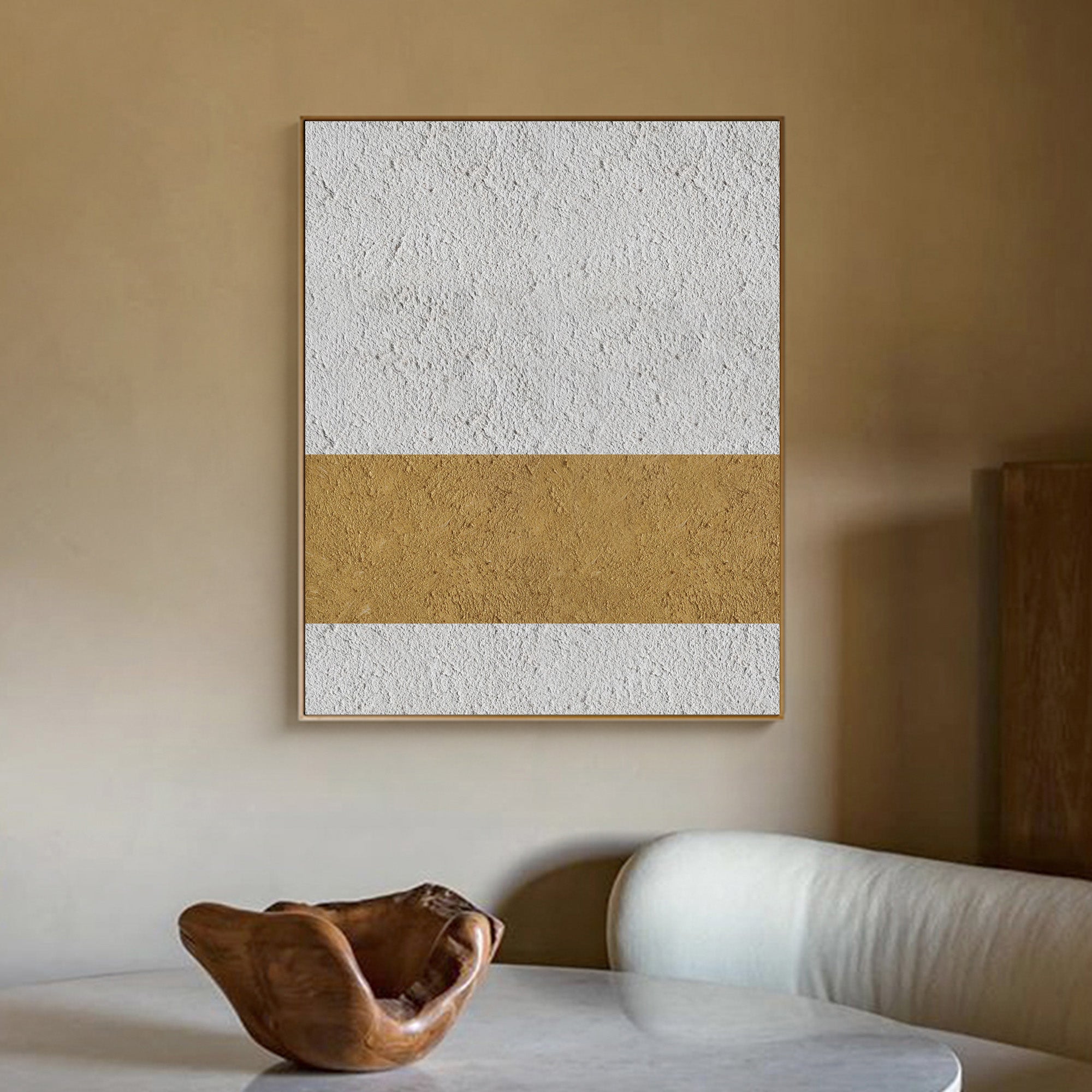 Off‑White‑Gold Horizontal Abstract Centered‑Stripe Coarse‑Textured Artwork