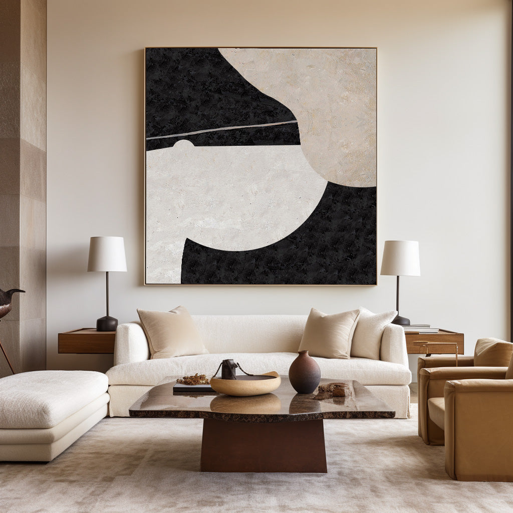 Black‑Beige Square Minimalist Geometric Shape Textured Artwork