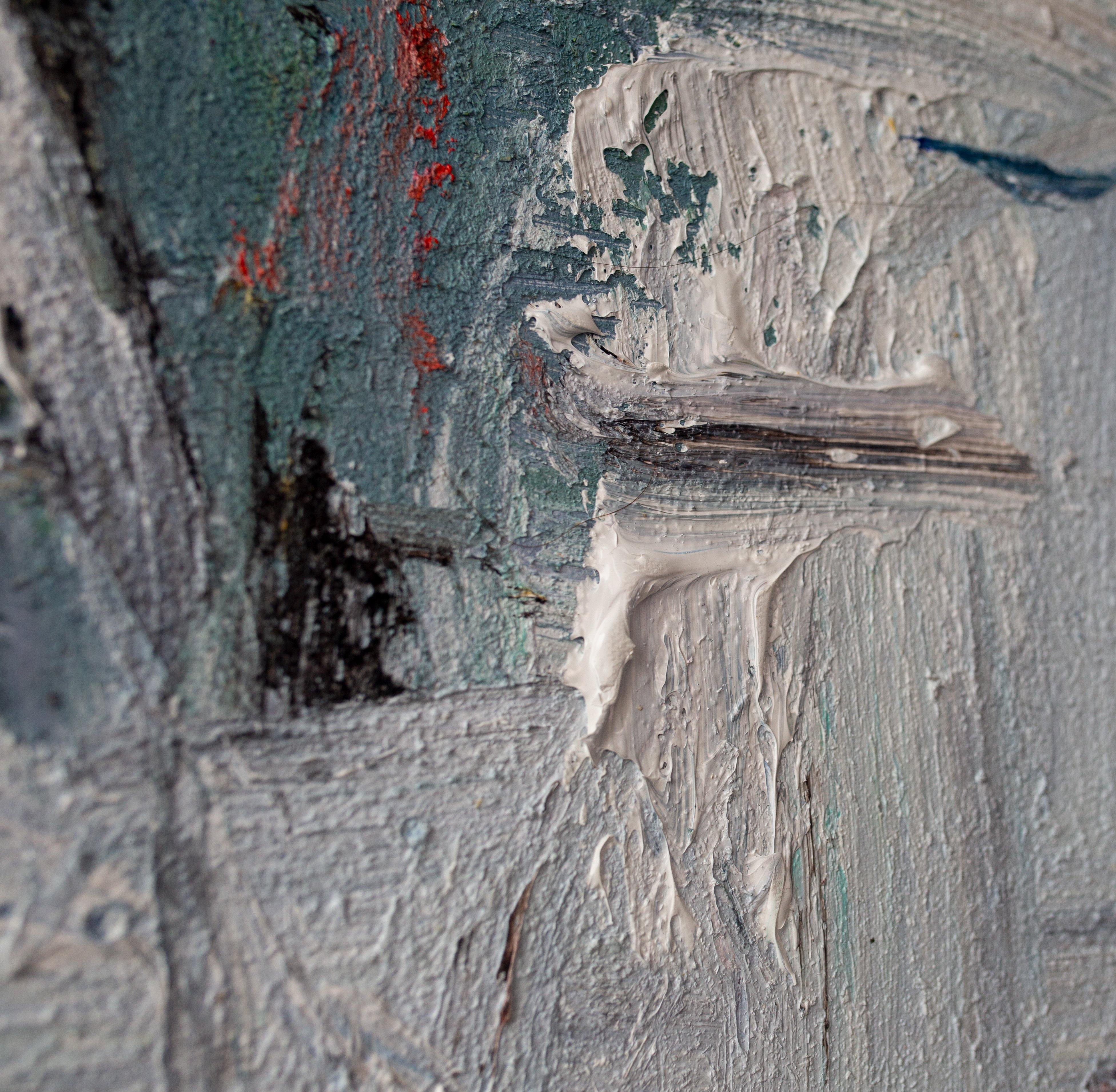 Grey‑Blue Vertical Red‑Accent Expressive Impasto Textured Artwork