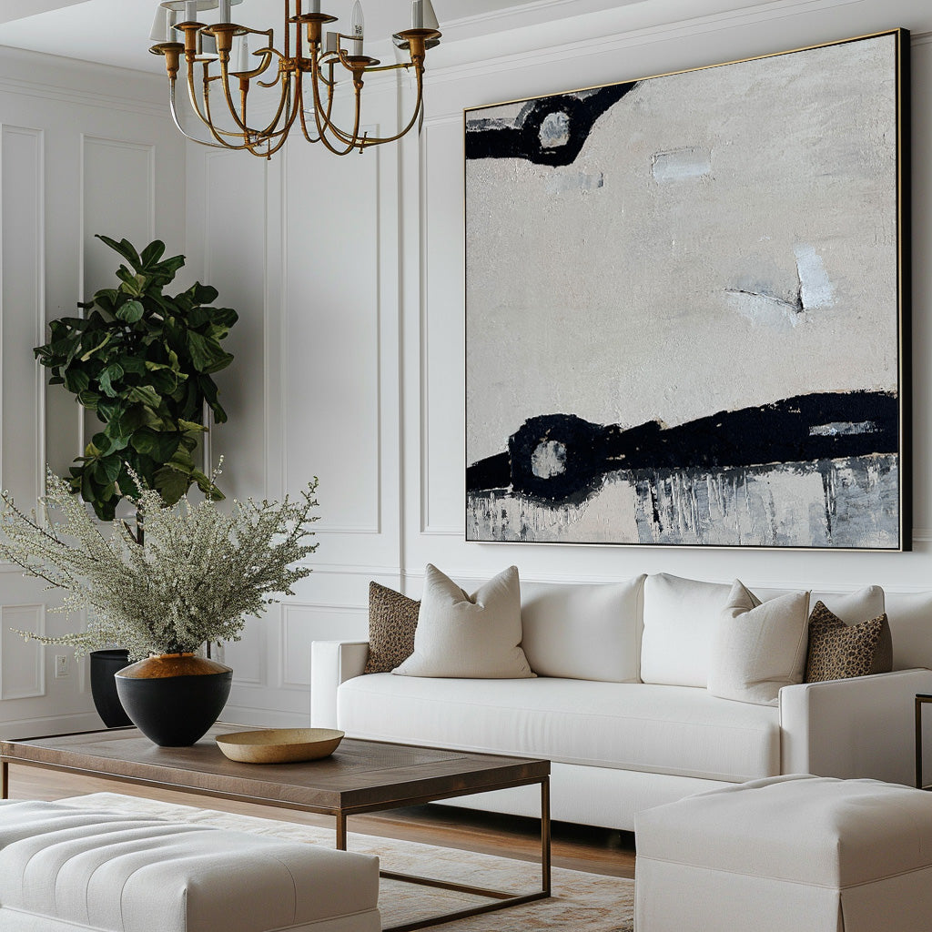 Beige‑Black Square Minimal‑Mark Impasto‑Textured Artwork