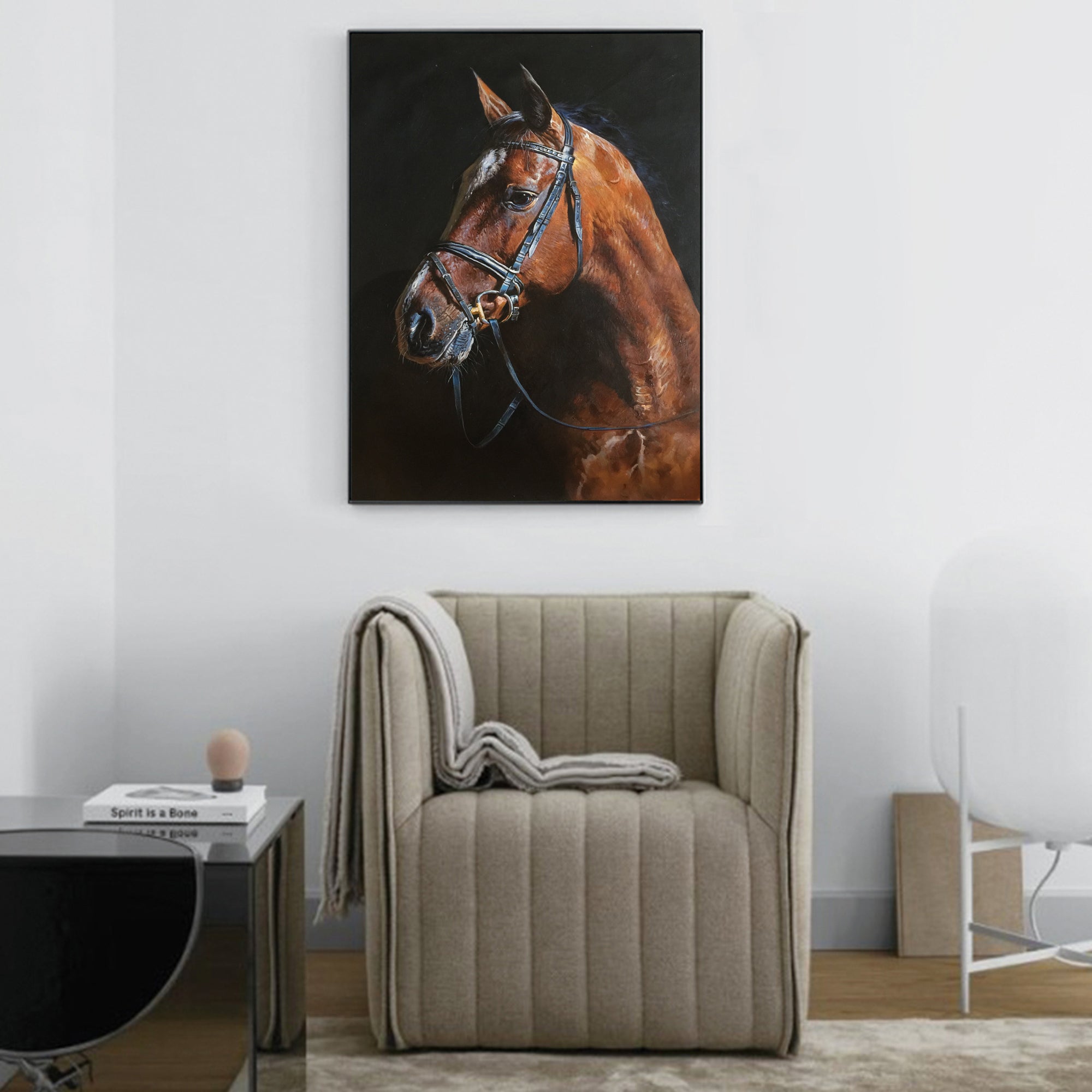 Chestnut‑Horse Vertical Dark‑Backdrop Realistic Equestrian Artwork
