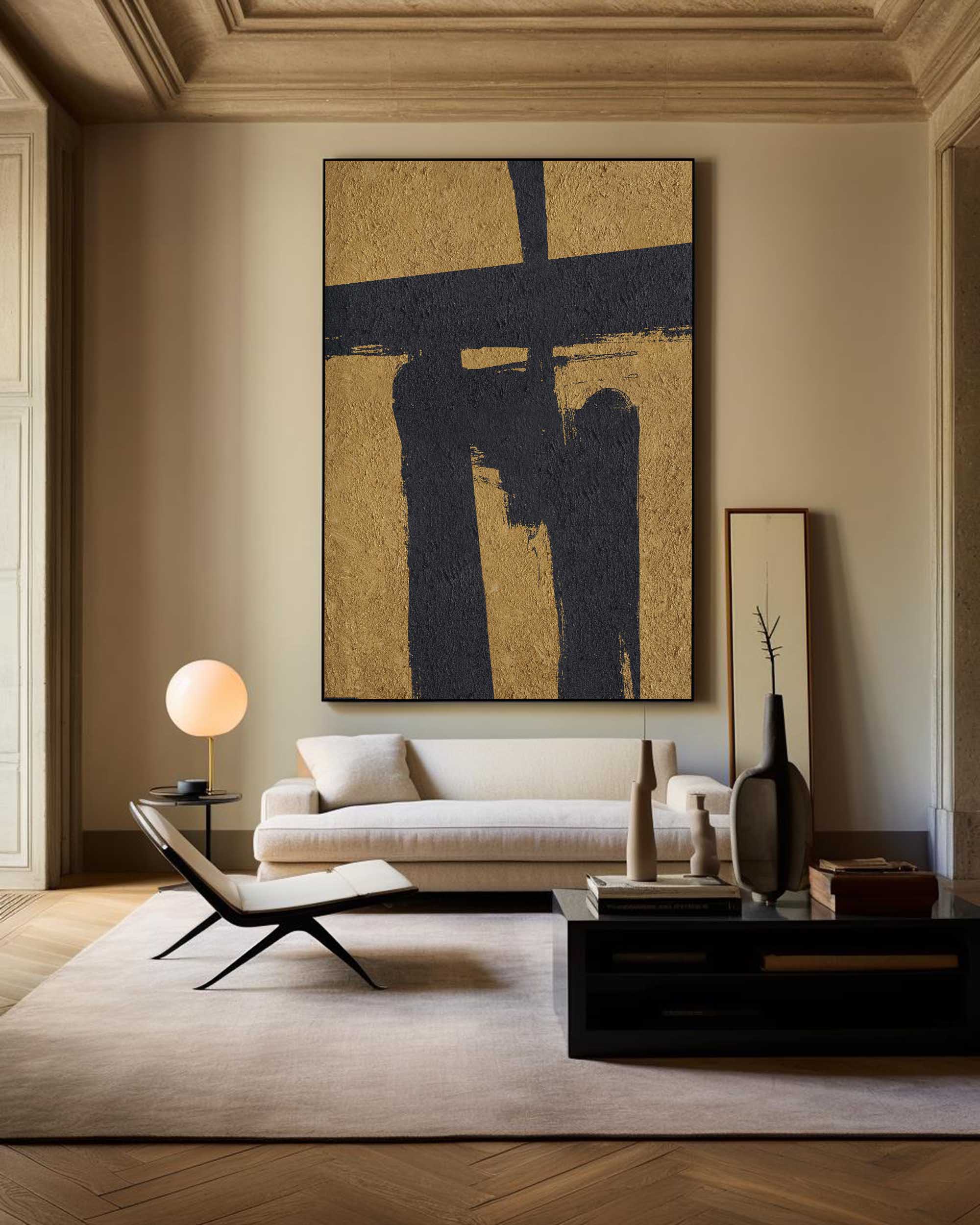 Gold‑Black Vertical Abstract Bold‑Brush‑Shape Rugged‑Tactile‑Textured Artwork