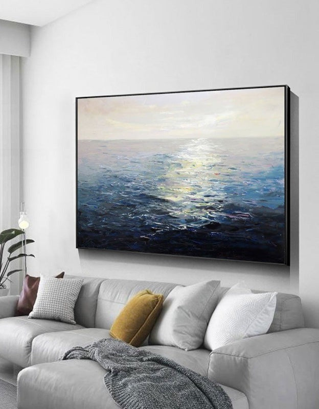 Wall Art Blue Ocean Sunset Seascape Modern Textured Canvas Bedroom | Neutralighting