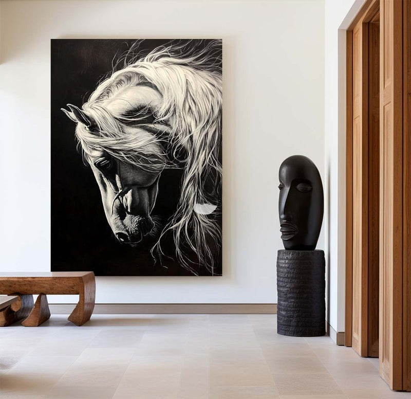 Wall Art Black White Horse Portrait Contemporary Textured Canvas Home Office | Neutralighting