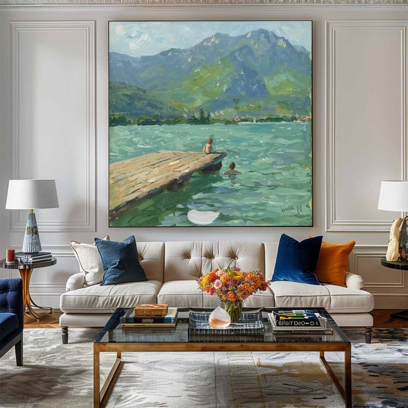 Wall Art Lake Dock Mountain Impressionist Textured Living Room | Neutralighting