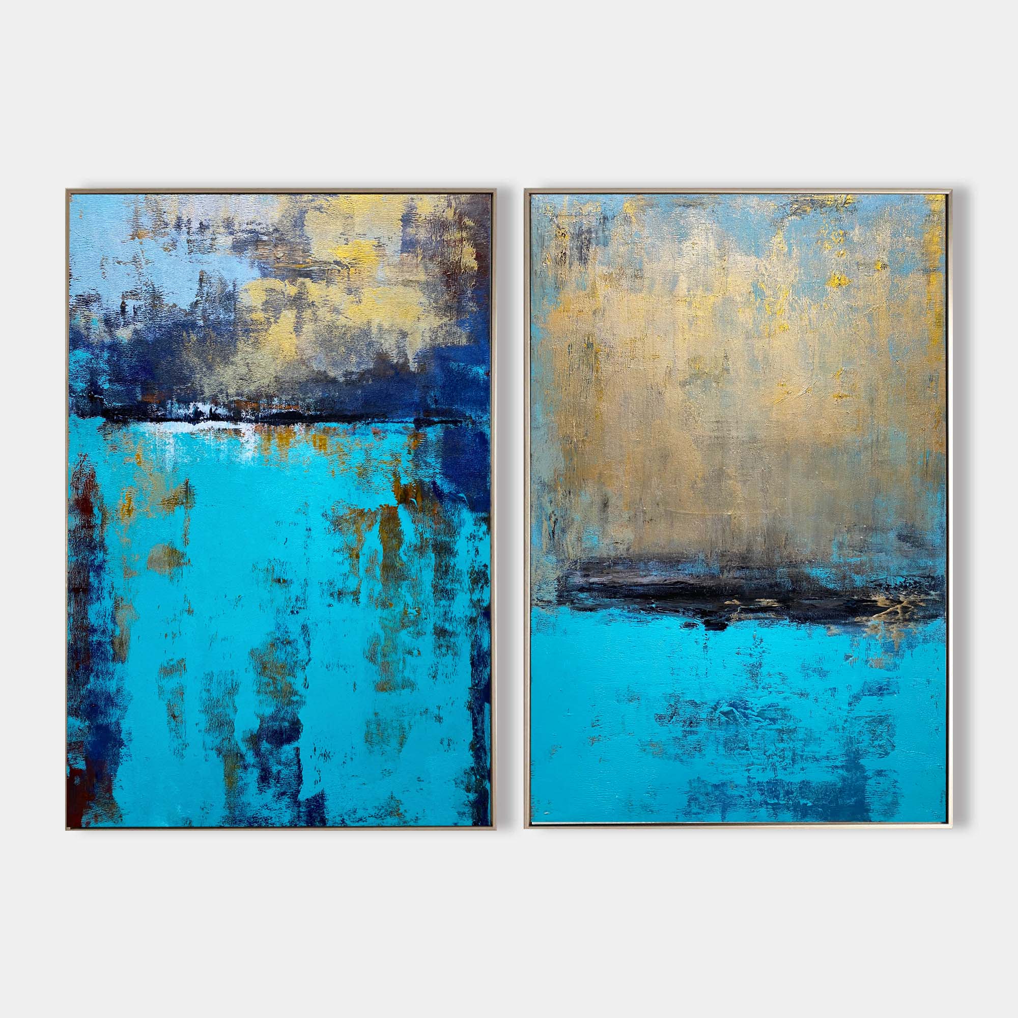 Turquoise‑Gold‑Navy Vertical 2‑Panel Impasto‑Textured Artwork