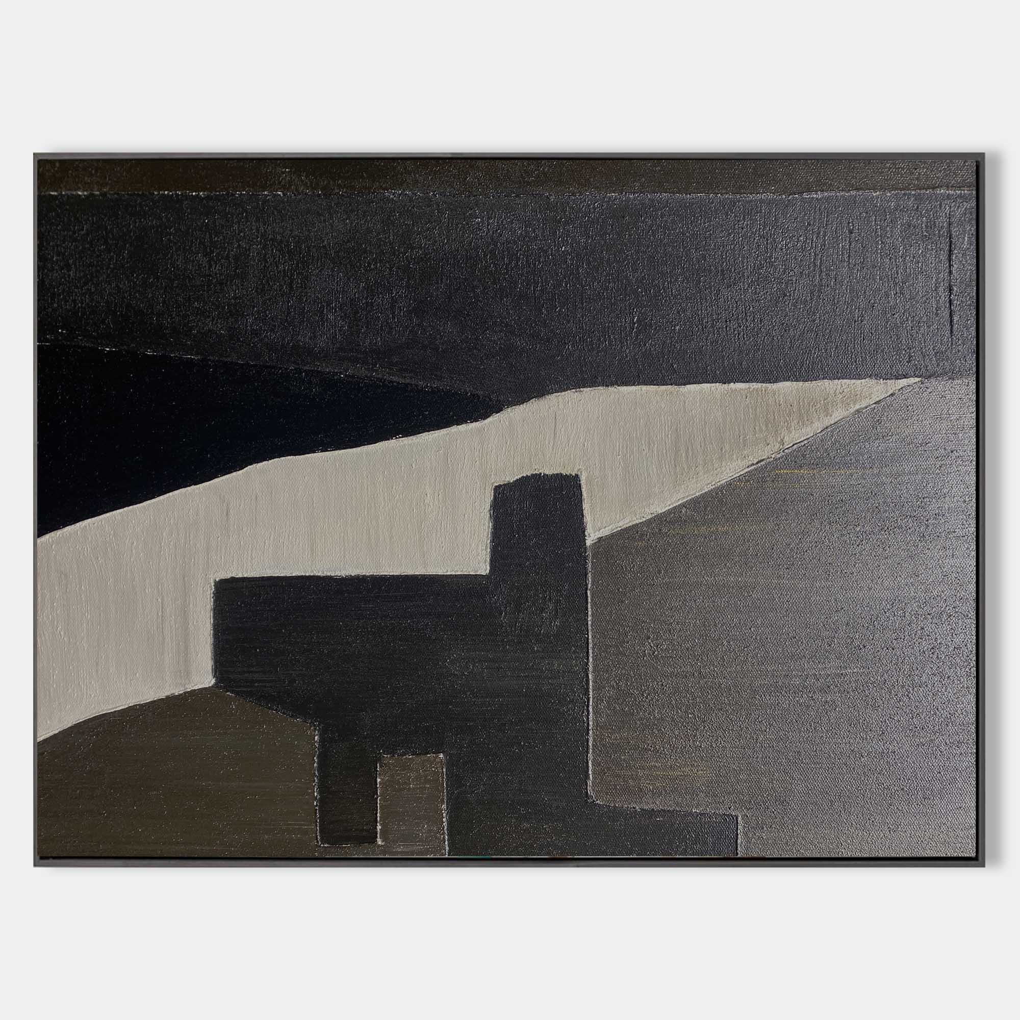 Contemporary Minimalist Black Grey Beige Geometric Abstract Painting