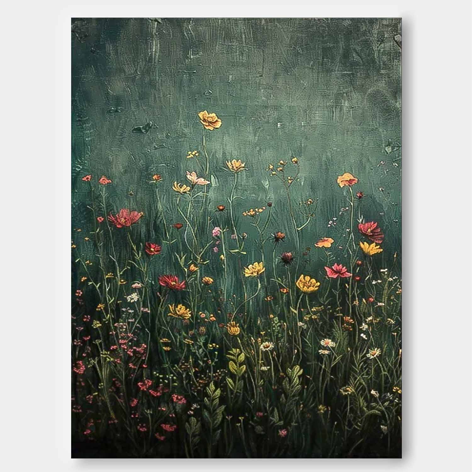 Vintage Wildflower Meadow Textured Oil Painting