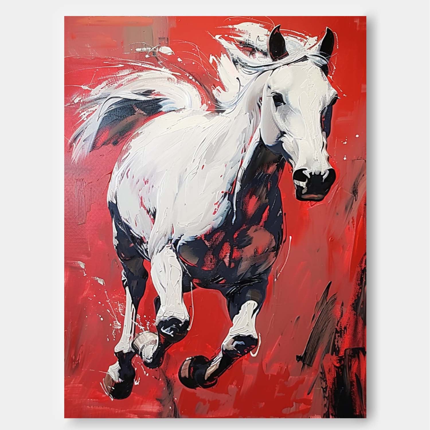Dynamic White Horse Oil Painting Fiery Red