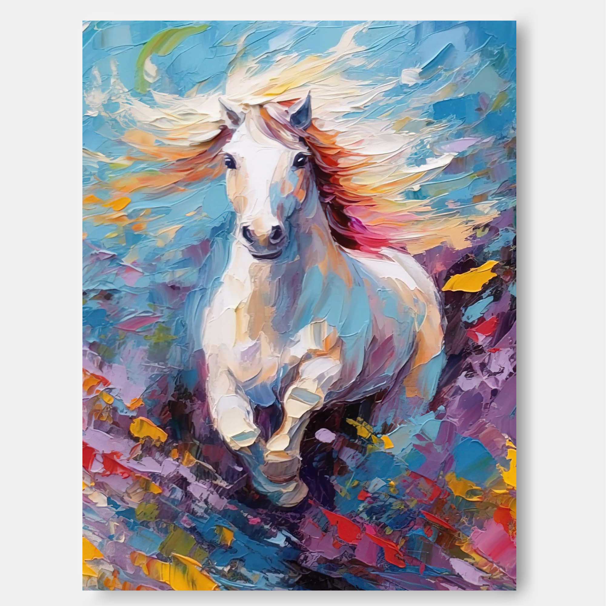 Wall Art White Galloping Horse Colorful Wild Meadow