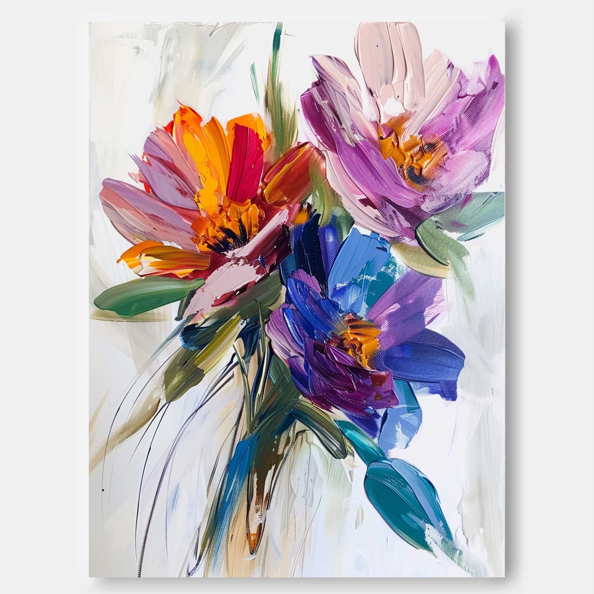Vibrant Multicolor Floral Bouquet Impasto Canvas Wall Art