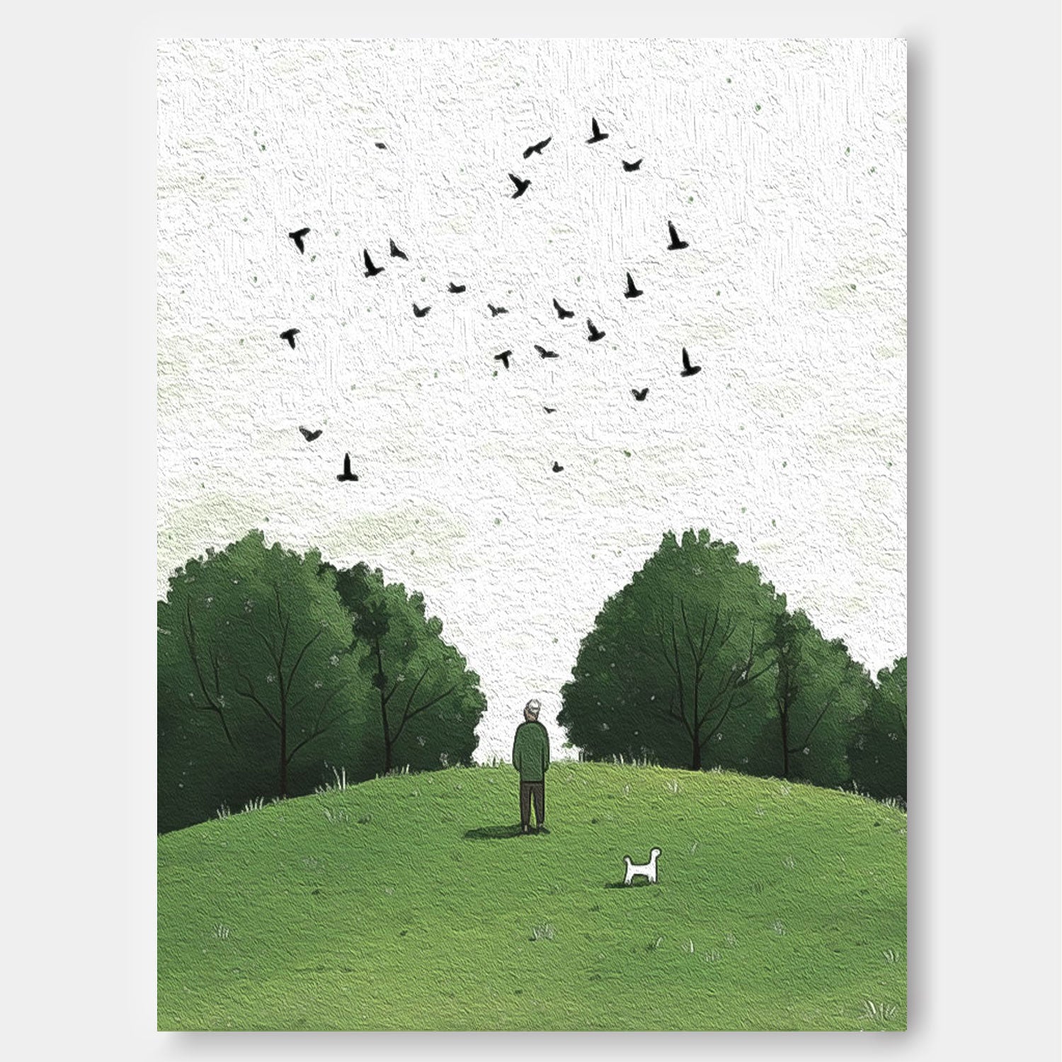 Tranquil Hilltop Moment Textured Art Print Man With Dog