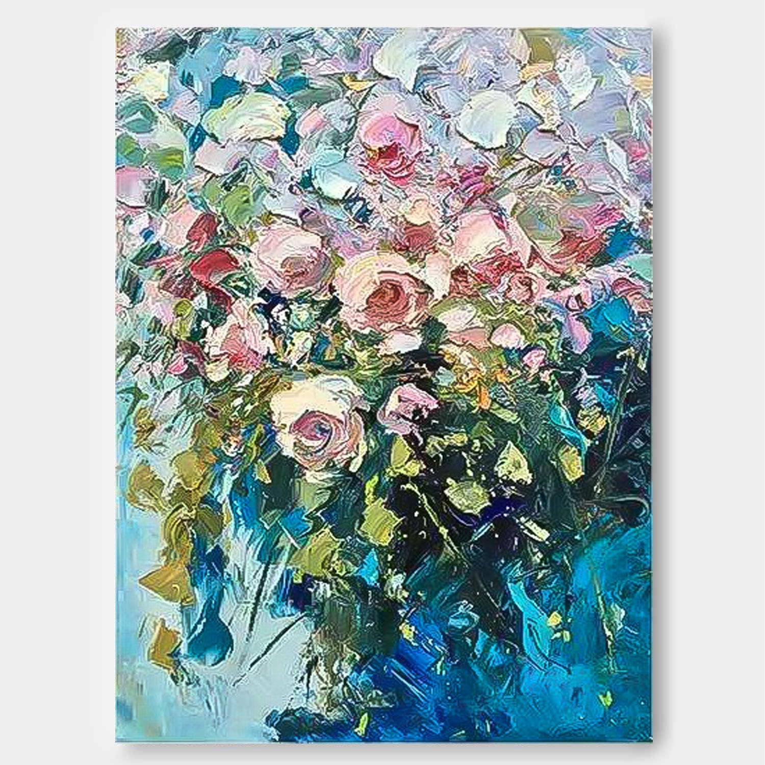 Pink Roses in Blue Vase Impasto Canvas Wall Art