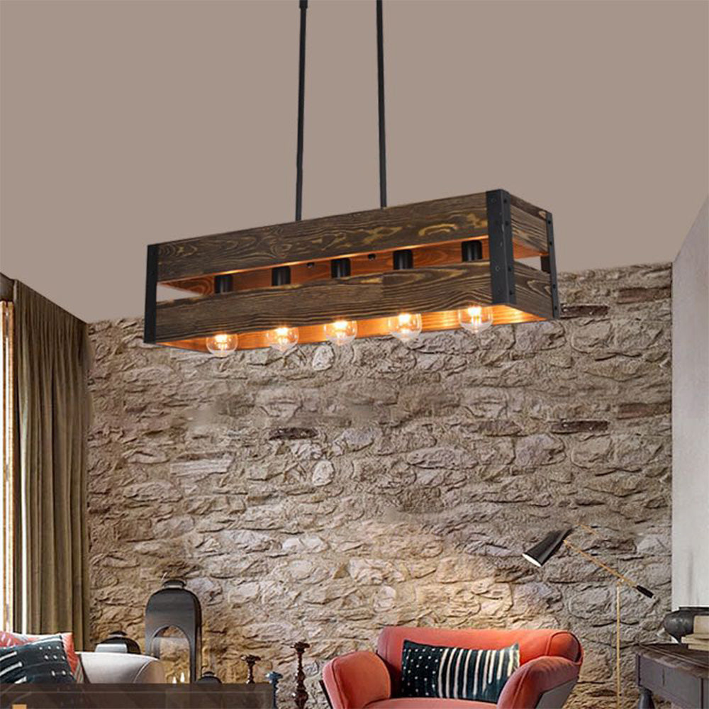 Silva Retro Rectangular Metal & Wood Pendant Light, 5 Heads, 2 Style - Neutralighting