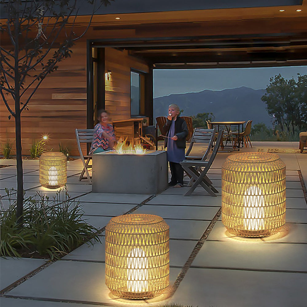Ray Vintage Lantern Rattan Floor Lamp, Hardwired/Solar, Beige - Neutralighting