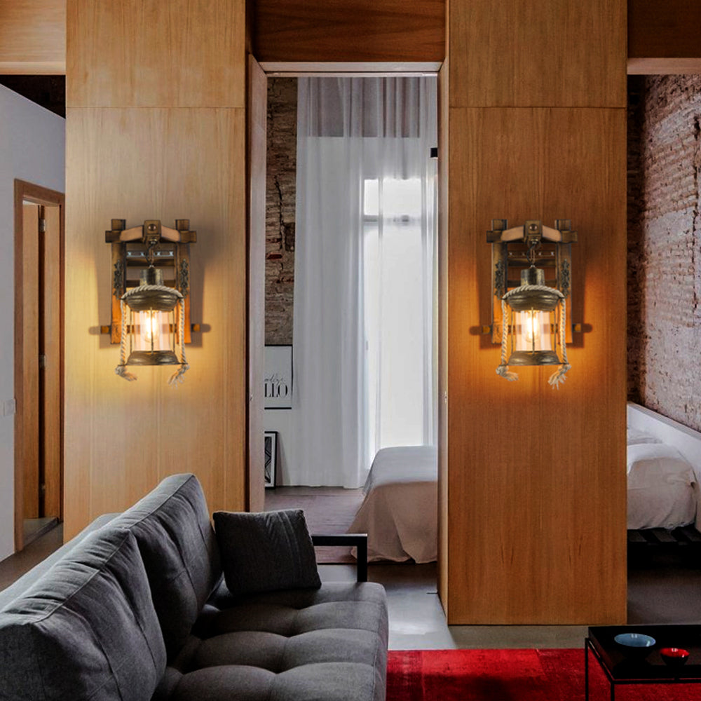 Epoch Vintage Lantern Shape Wood Metal Wall Lamp - Neutralighting